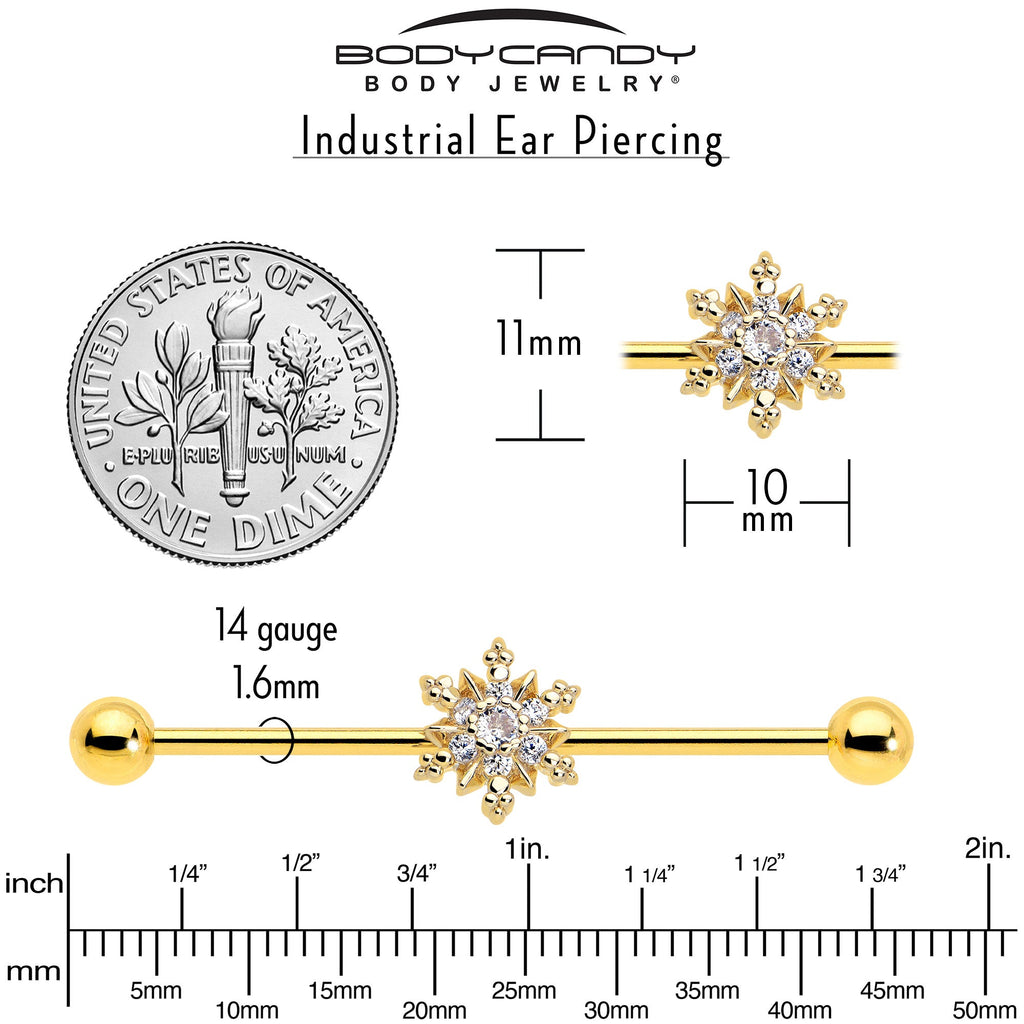 BodyCandy 14G Clear CZ Gem Gold Tone Glam Snowflake Industrial Barbell 38mm — back view