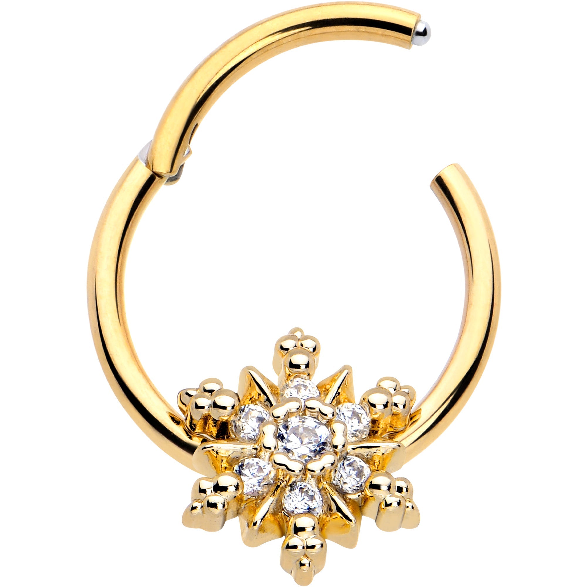 BodyCandy 16G 3/8 Clear CZ Gem Gold Tone Glam Snowflake Hinged Segment Ring — detail close-up