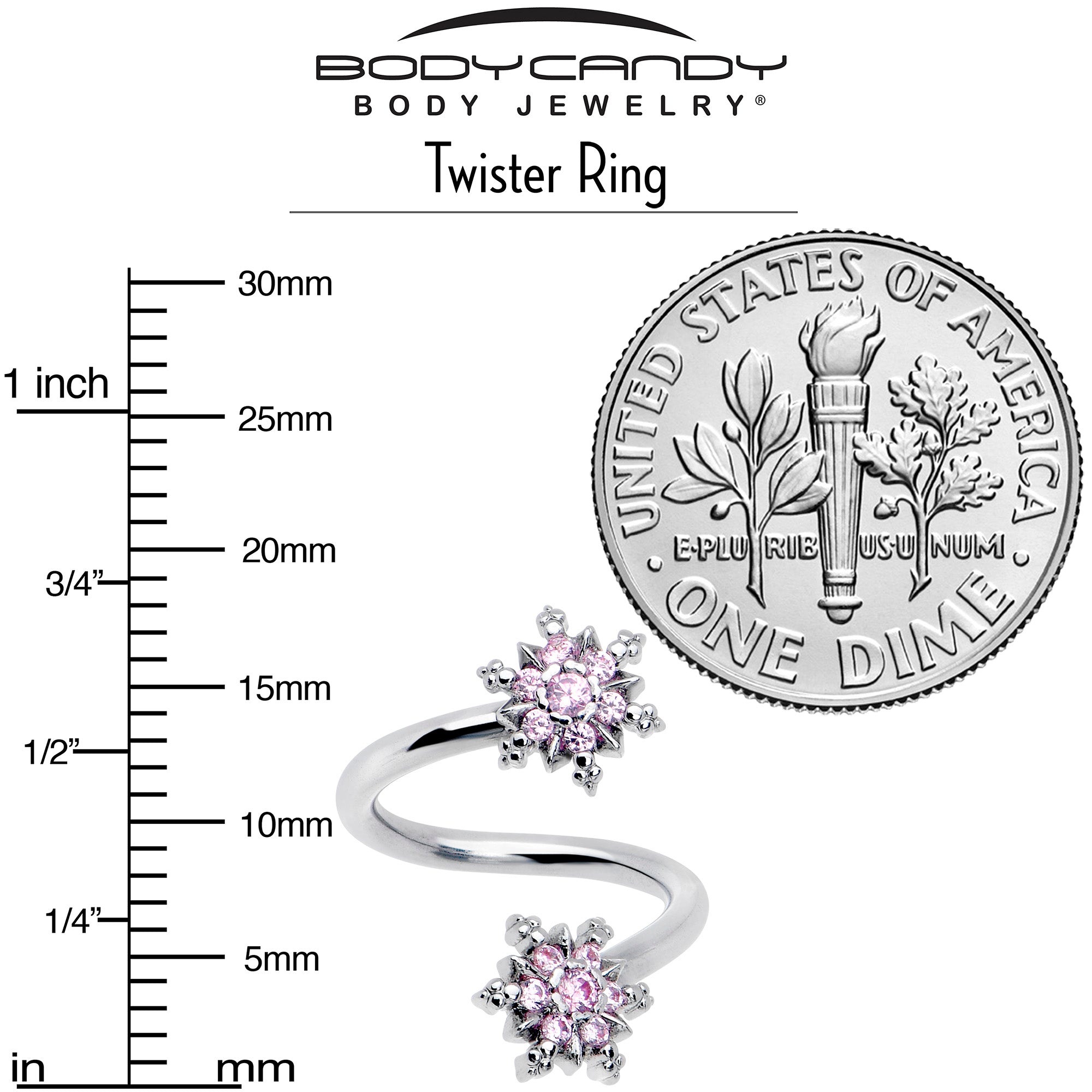BodyCandy Pink CZ Gem Glam Snowflake Spiral Twister Belly Ring — side view