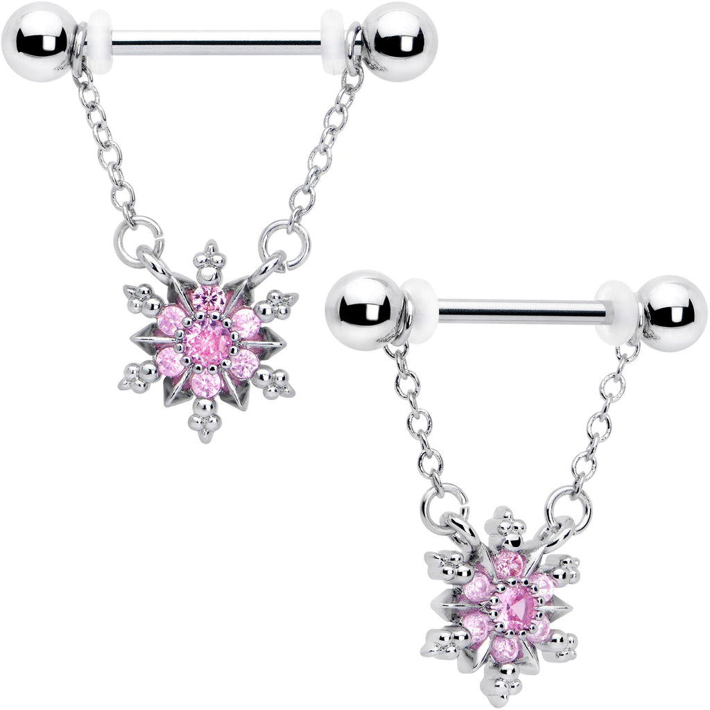 BodyCandy 14G 9/16 Pink CZ Gem Glam Snowflake Chain Dangle Nipple Ring Set — main product shot