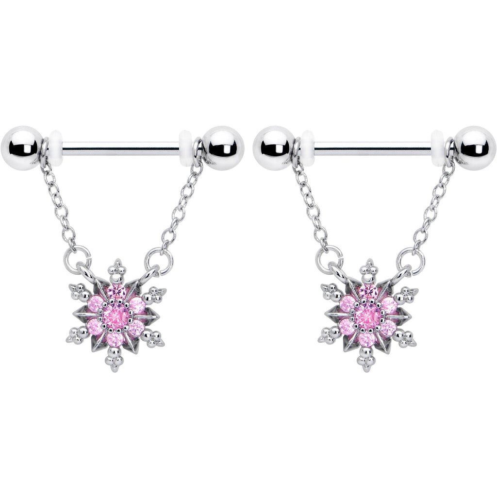 BodyCandy 14G 9/16 Pink CZ Gem Glam Snowflake Chain Dangle Nipple Ring Set — detail close-up