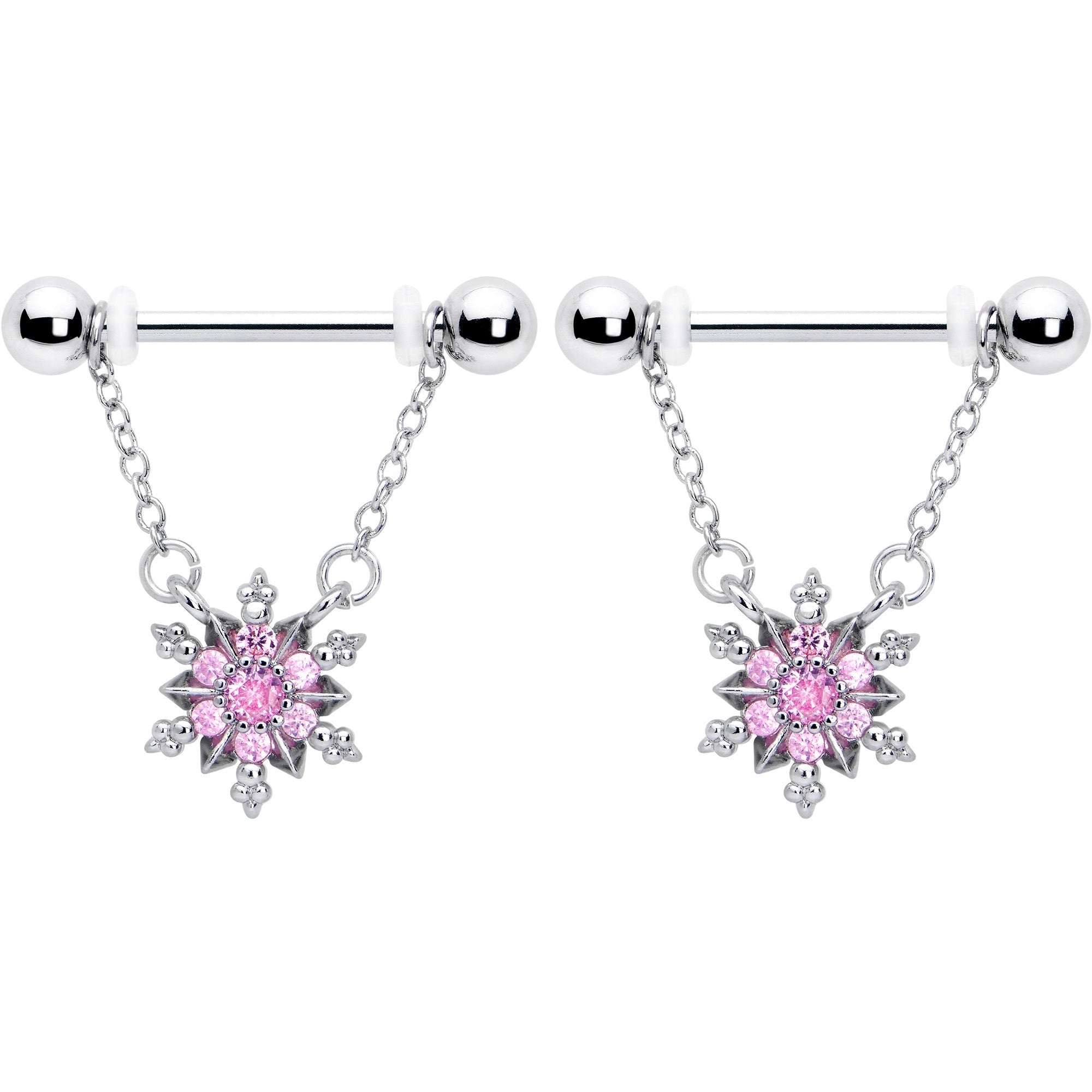 BodyCandy 14G 9/16 Pink CZ Gem Glam Snowflake Chain Dangle Nipple Ring Set — detail close-up