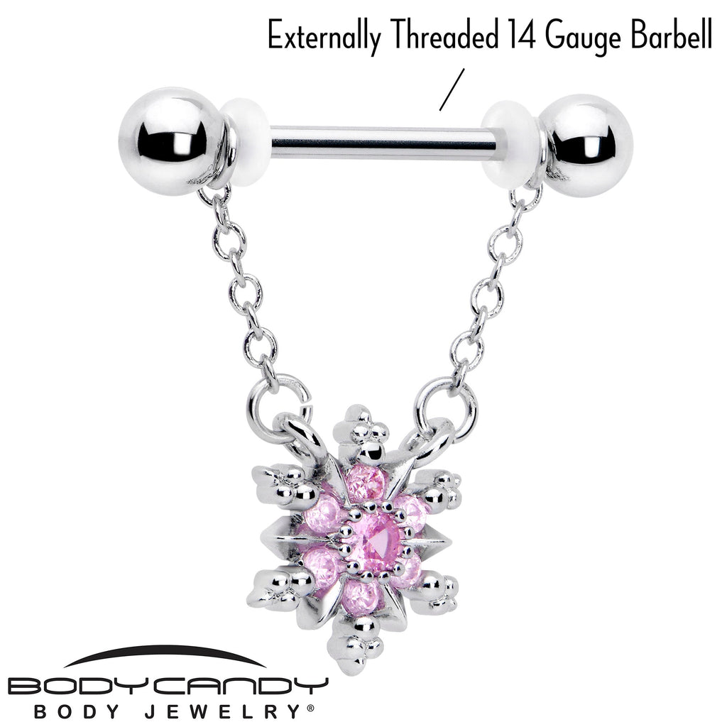 BodyCandy 14G 9/16 Pink CZ Gem Glam Snowflake Chain Dangle Nipple Ring Set — lifestyle context
