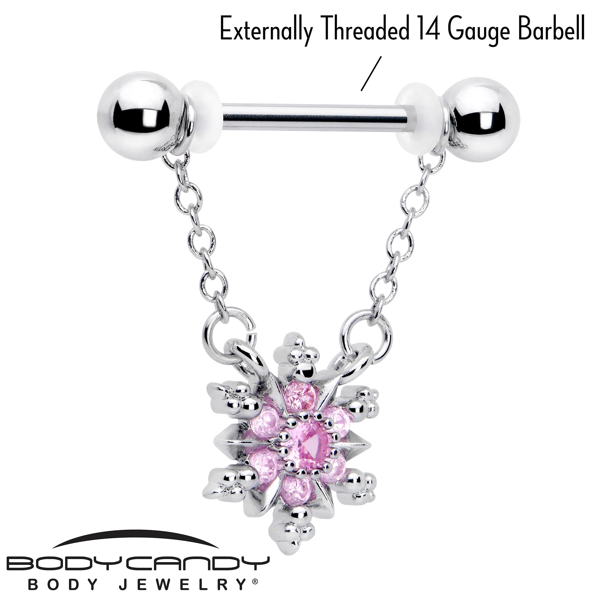 BodyCandy 14G 9/16 Pink CZ Gem Glam Snowflake Chain Dangle Nipple Ring Set — lifestyle context