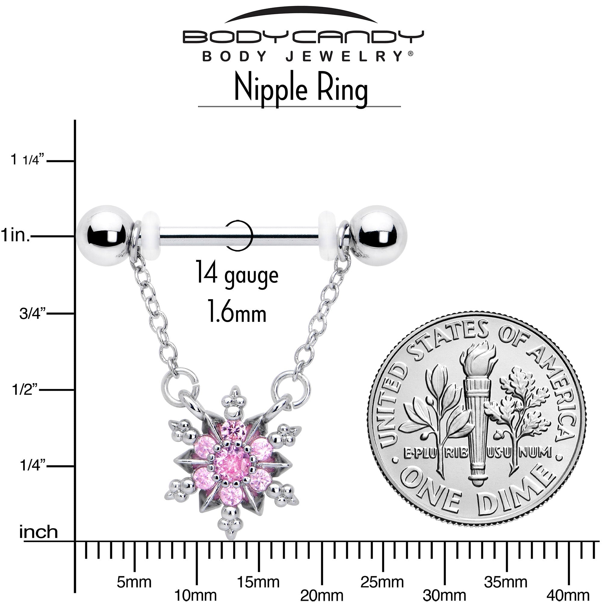 BodyCandy 14G 9/16 Pink CZ Gem Glam Snowflake Chain Dangle Nipple Ring Set — side view