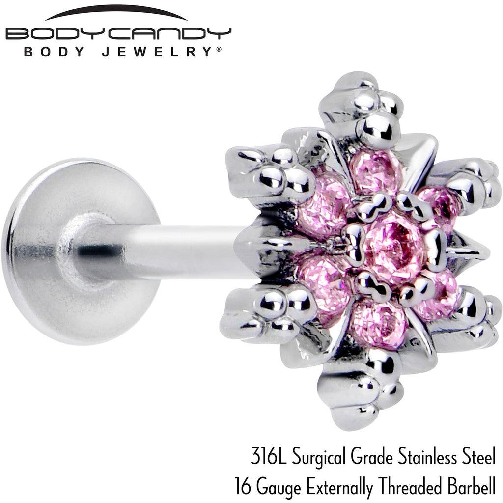 BodyCandy 16G 5/16 Pink CZ Gem Glam Snowflake Labret Monroe Tragus — detail close-up