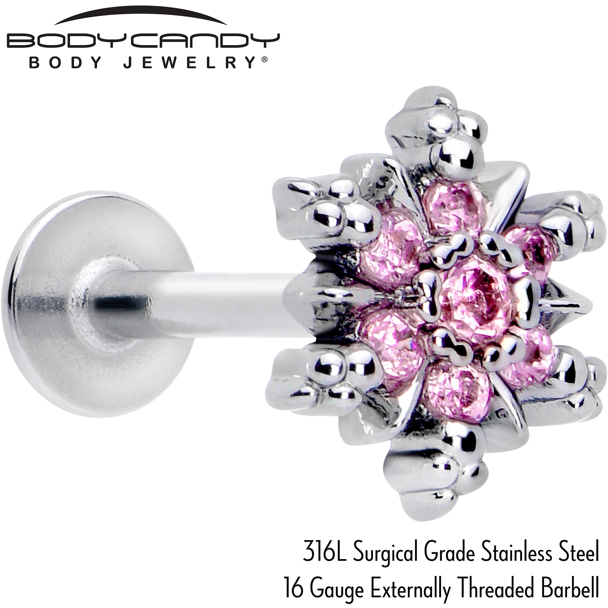 BodyCandy 16G 5/16 Pink CZ Gem Glam Snowflake Labret Monroe Tragus — detail close-up