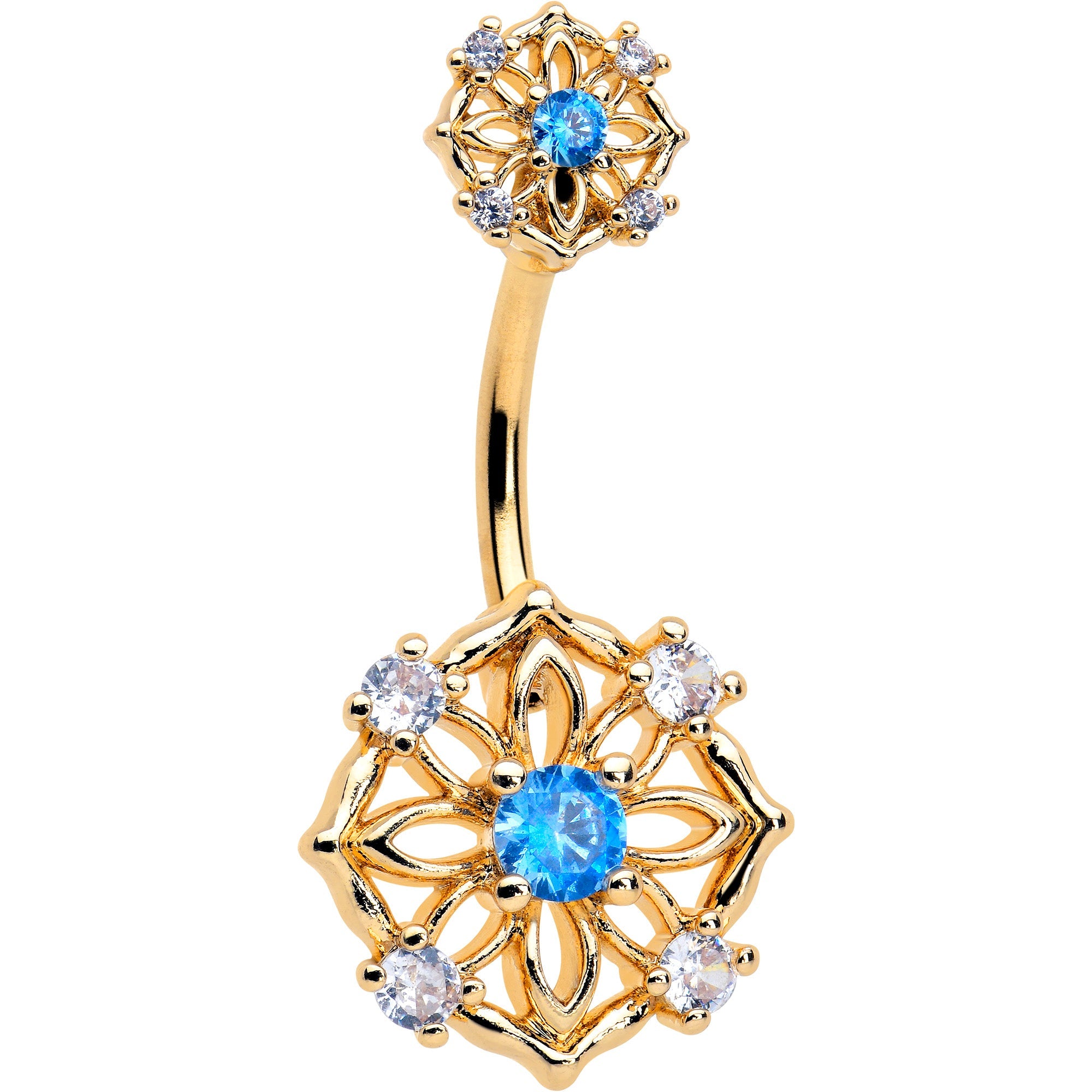 BodyCandy Blue CZ Gem Gold Tone Flower Ring Double Mount Belly Ring — main product shot