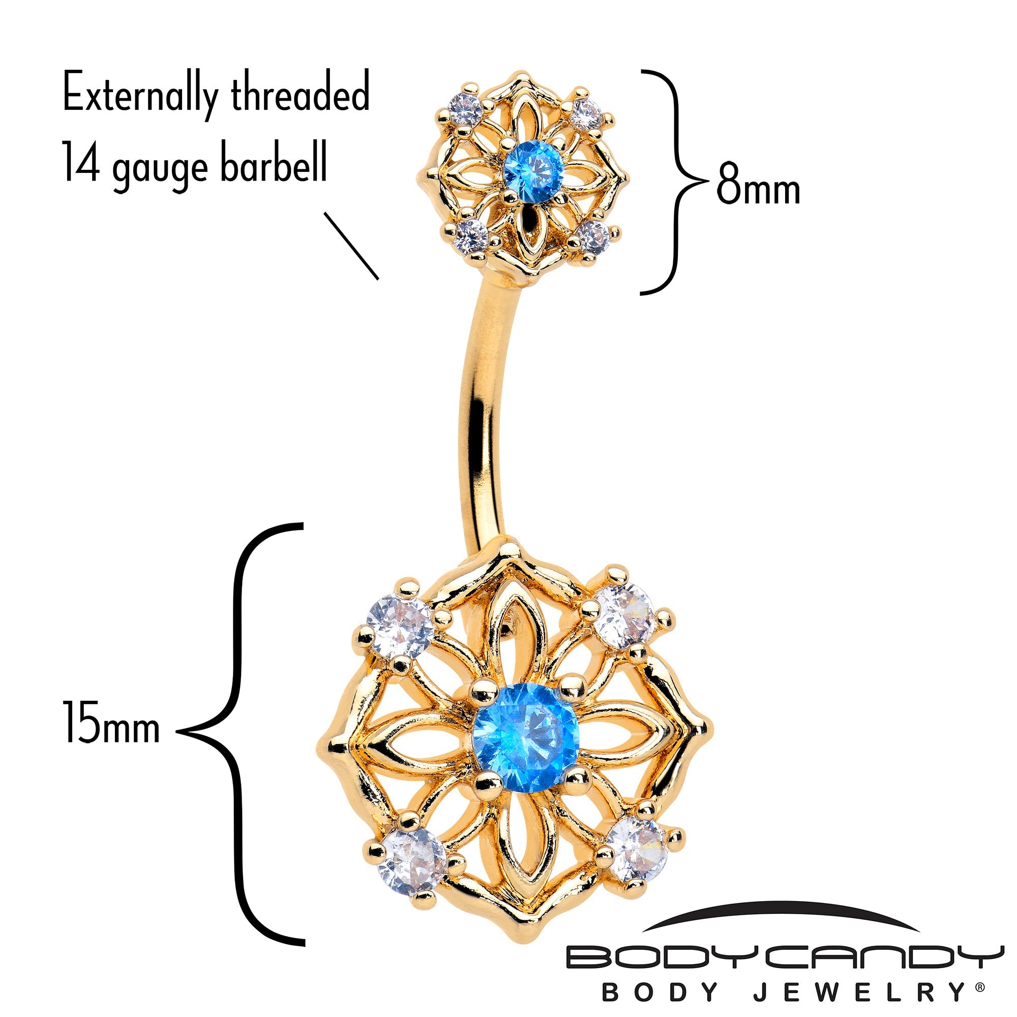 BodyCandy Blue CZ Gem Gold Tone Flower Ring Double Mount Belly Ring — detail close-up