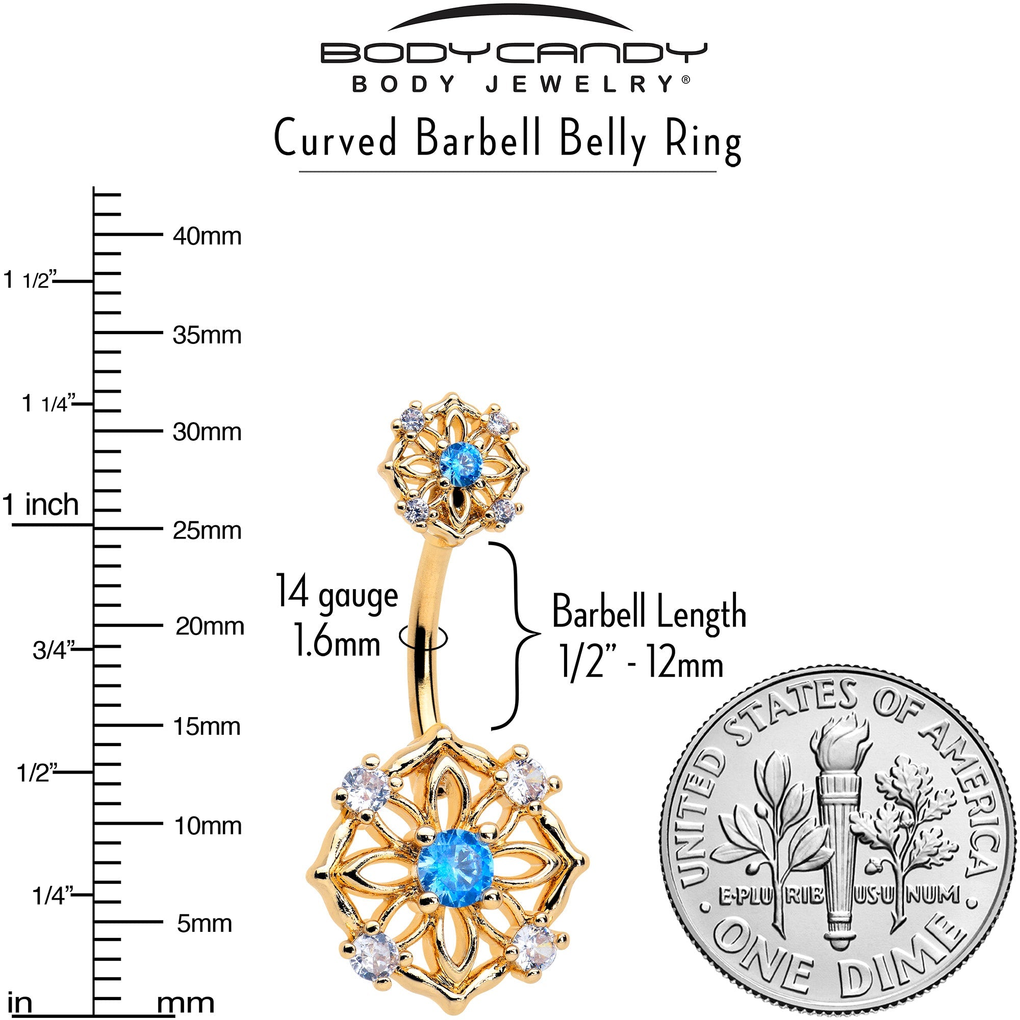 BodyCandy Blue CZ Gem Gold Tone Flower Ring Double Mount Belly Ring — lifestyle context