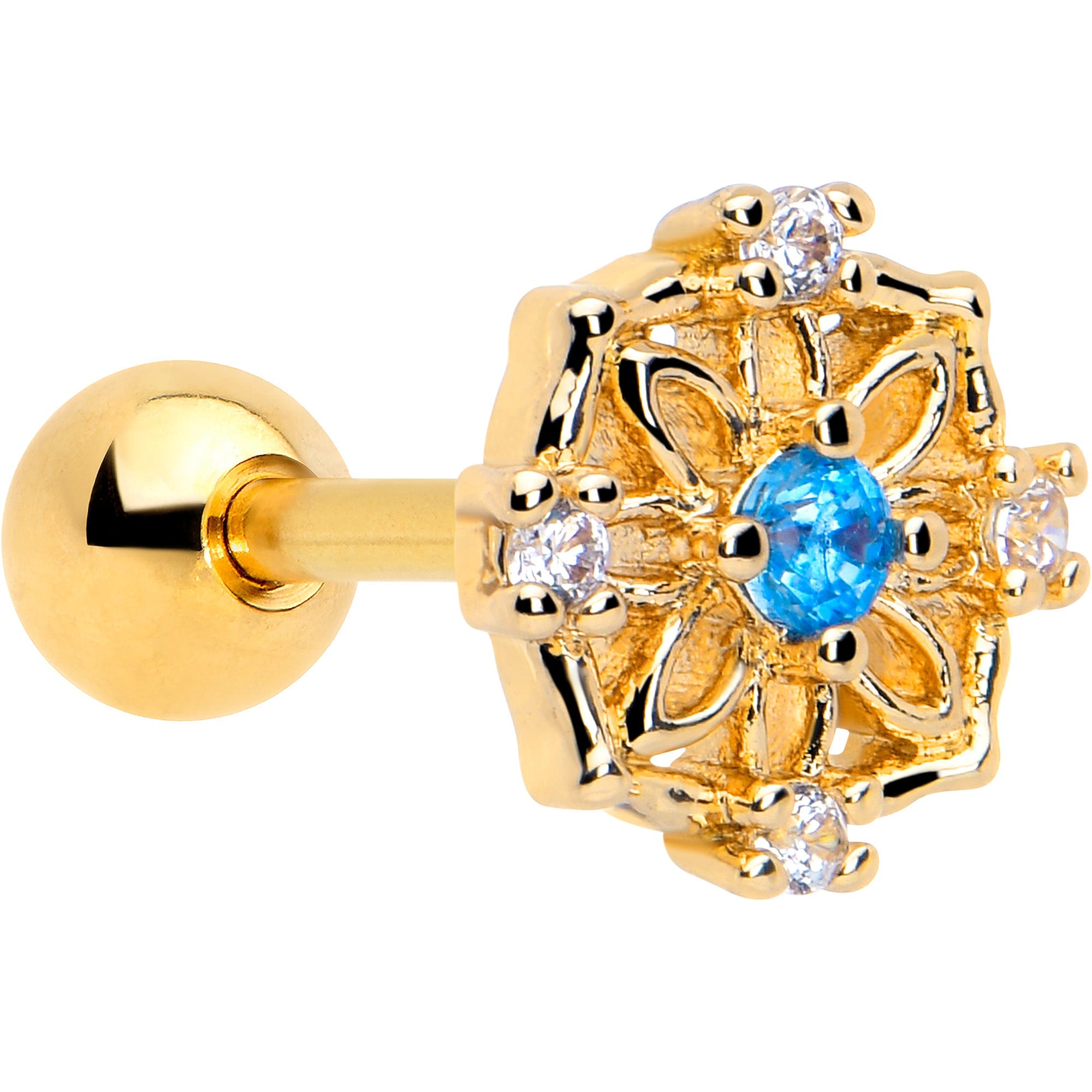 BodyCandy 16G 1/4 Blue CZ Gem Gold Tone Flower Ring Cartilage Tragus Earring — main product shot