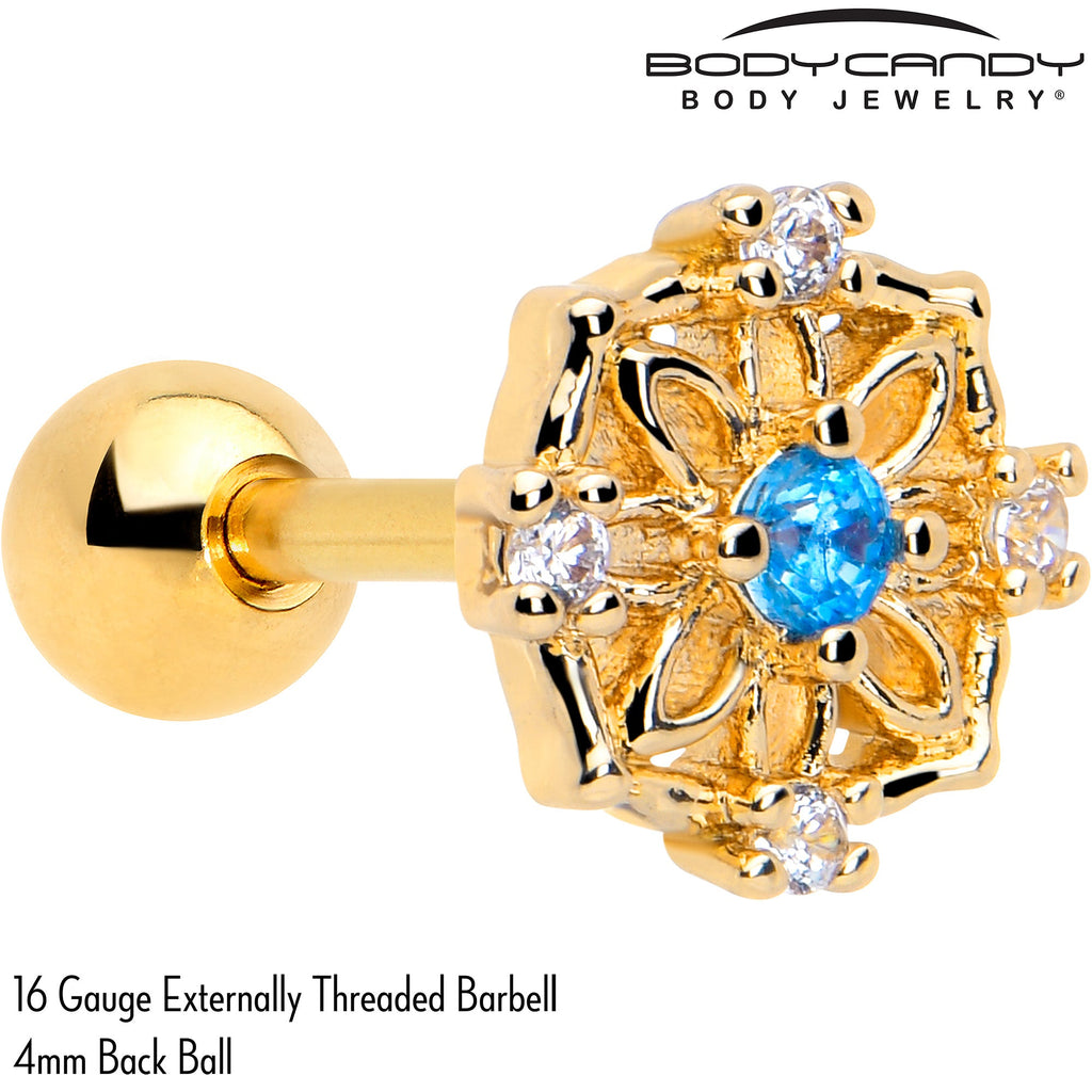 BodyCandy 16G 1/4 Blue CZ Gem Gold Tone Flower Ring Cartilage Tragus Earring — detail close-up