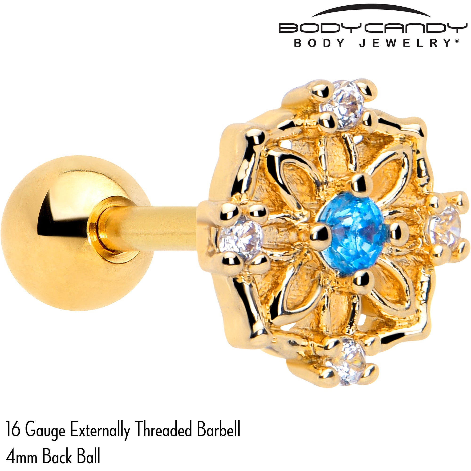 BodyCandy 16G 1/4 Blue CZ Gem Gold Tone Flower Ring Cartilage Tragus Earring — detail close-up