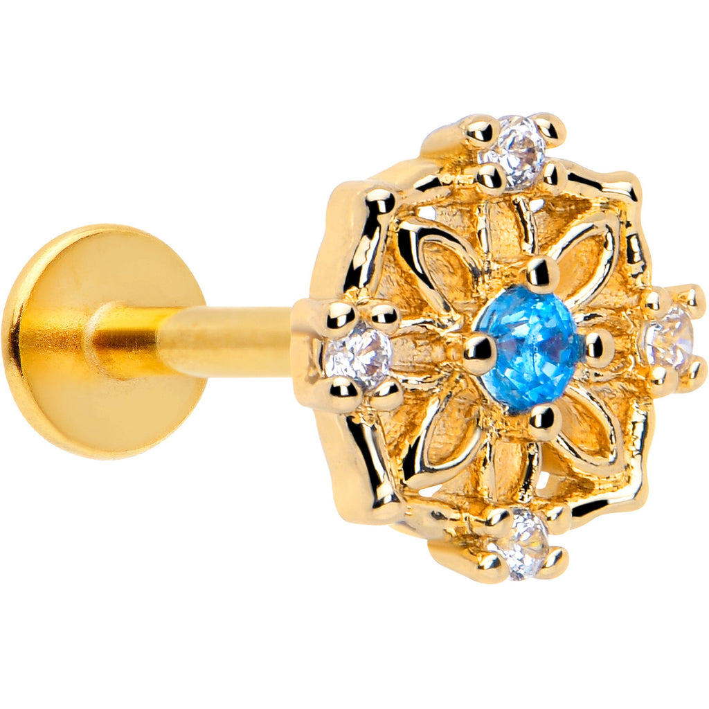 BodyCandy 16G 5/16 Blue CZ Gem Gold Tone Flower Ring Labret Monroe Tragus — main product shot