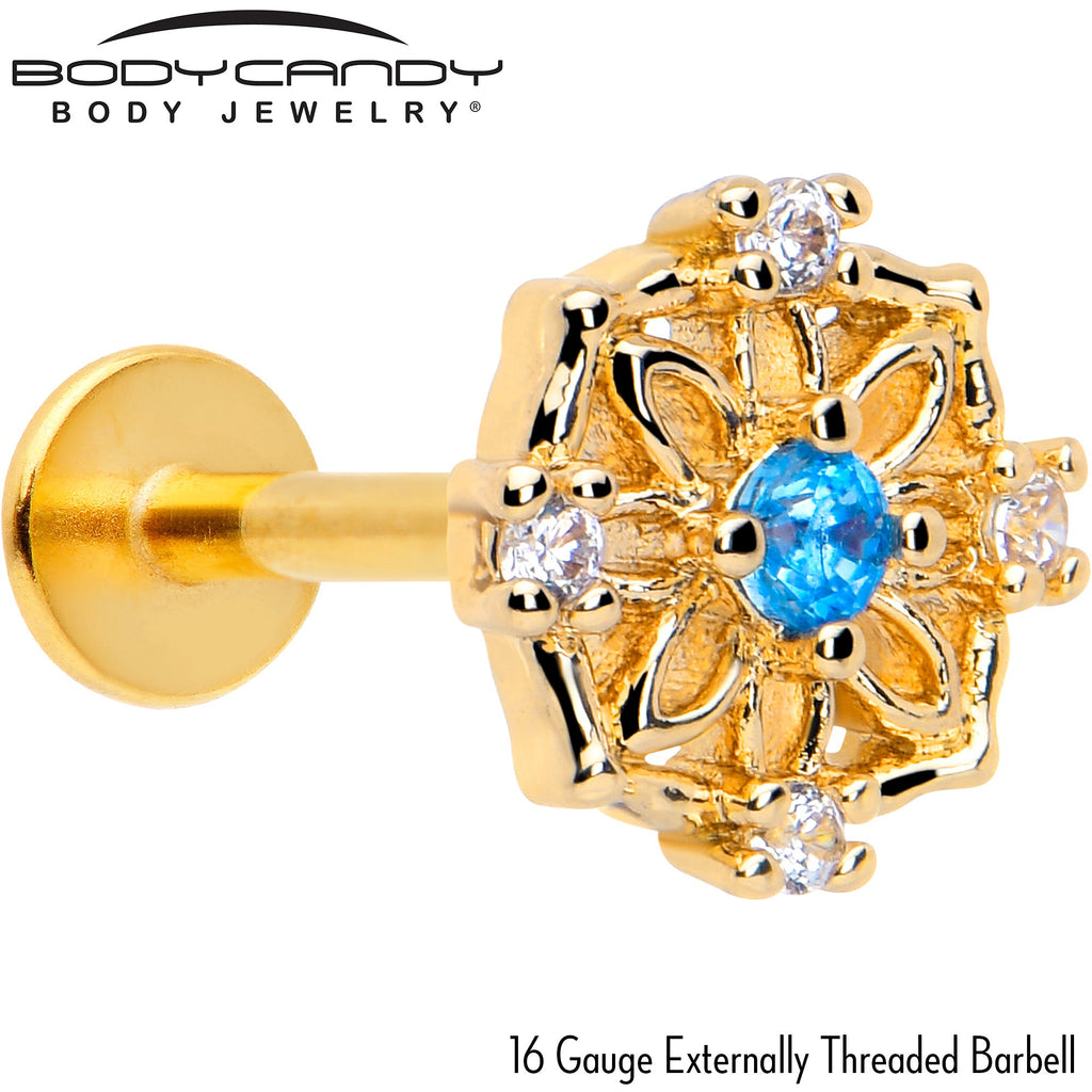 BodyCandy 16G 5/16 Blue CZ Gem Gold Tone Flower Ring Labret Monroe Tragus — detail close-up