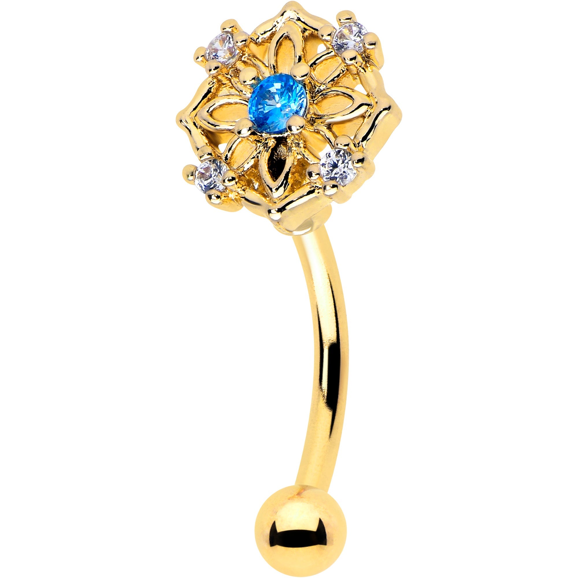 BodyCandy 16G 5/16 Blue CZ Gem Gold Tone Flower Ring Curved Eyebrow Ring — main product shot