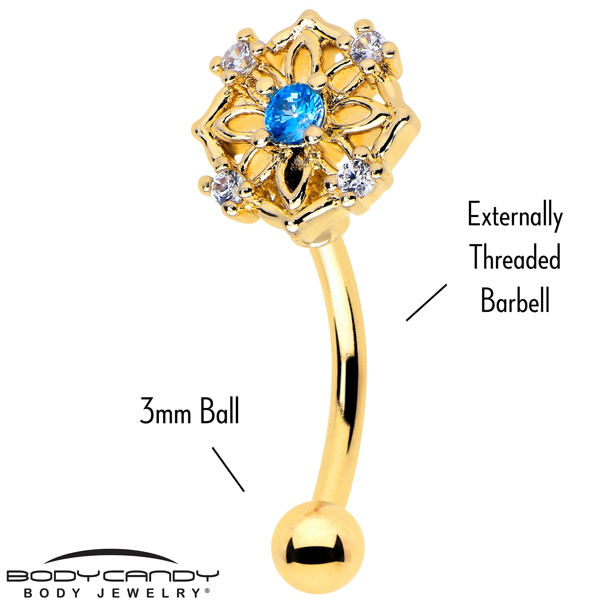 BodyCandy 16G 5/16 Blue CZ Gem Gold Tone Flower Ring Curved Eyebrow Ring — detail close-up
