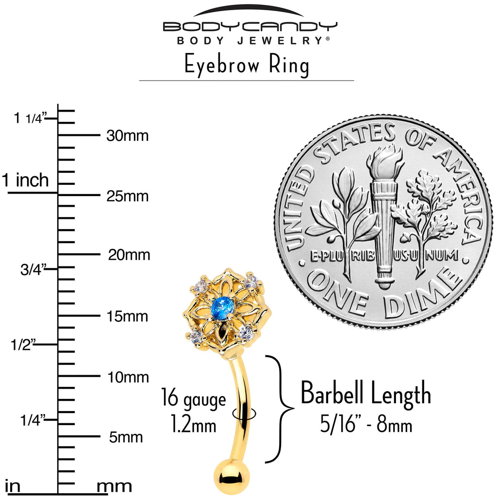BodyCandy 16G 5/16 Blue CZ Gem Gold Tone Flower Ring Curved Eyebrow Ring — side view