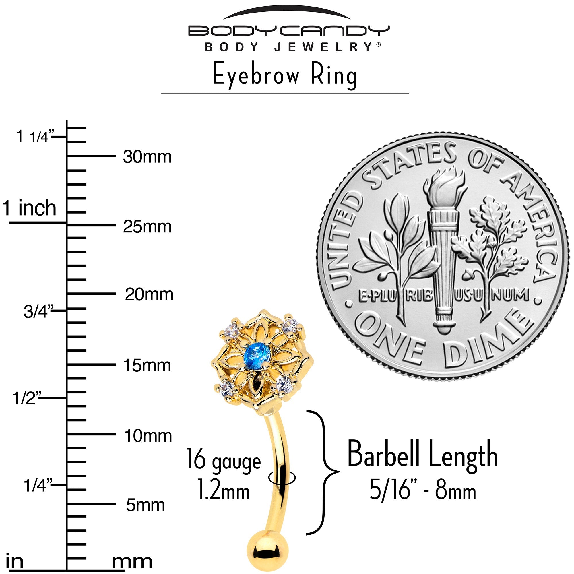 BodyCandy 16G 5/16 Blue CZ Gem Gold Tone Flower Ring Curved Eyebrow Ring — side view