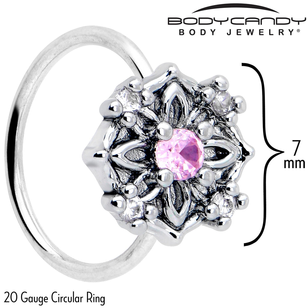 BodyCandy 20G 5/16 Pink CZ Gem Flower Circle Nose Hoop — detail close-up