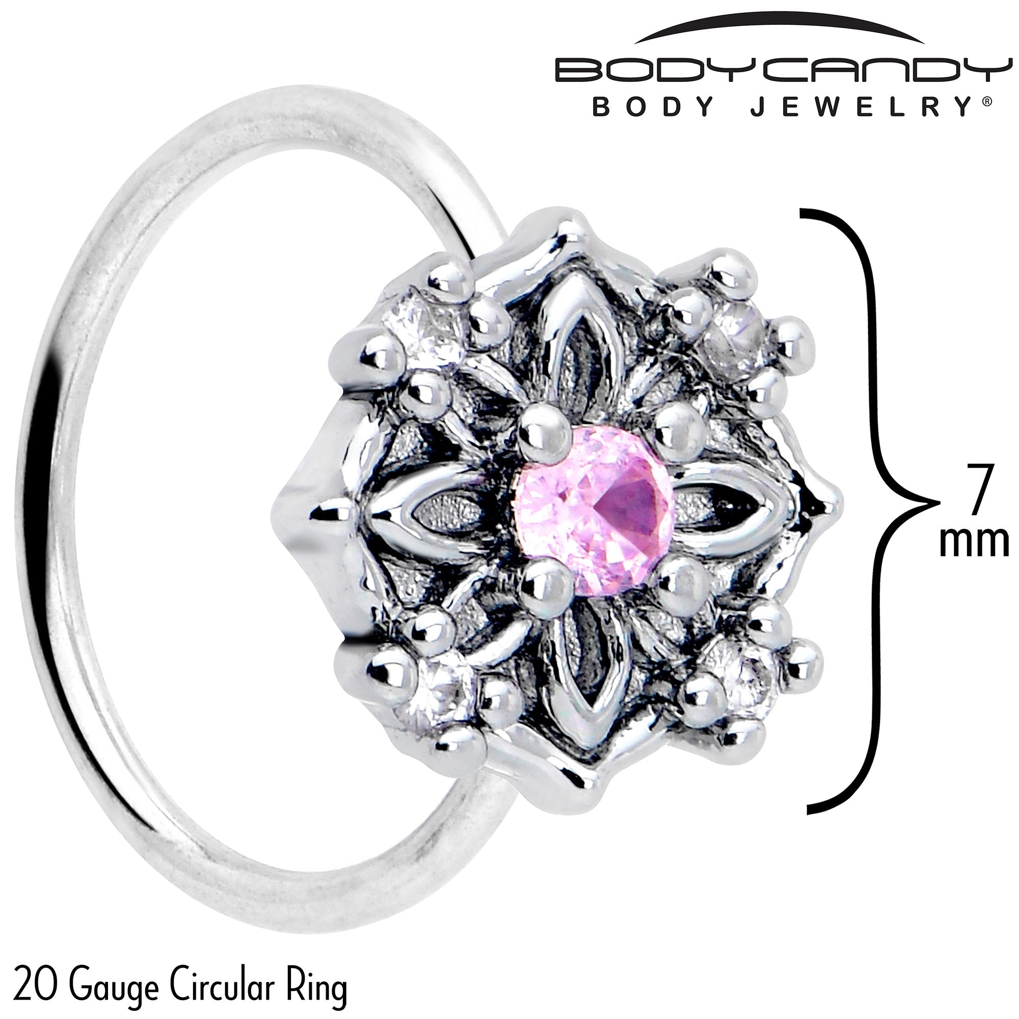 BodyCandy 20G 5/16 Pink CZ Gem Flower Circle Nose Hoop — detail close-up