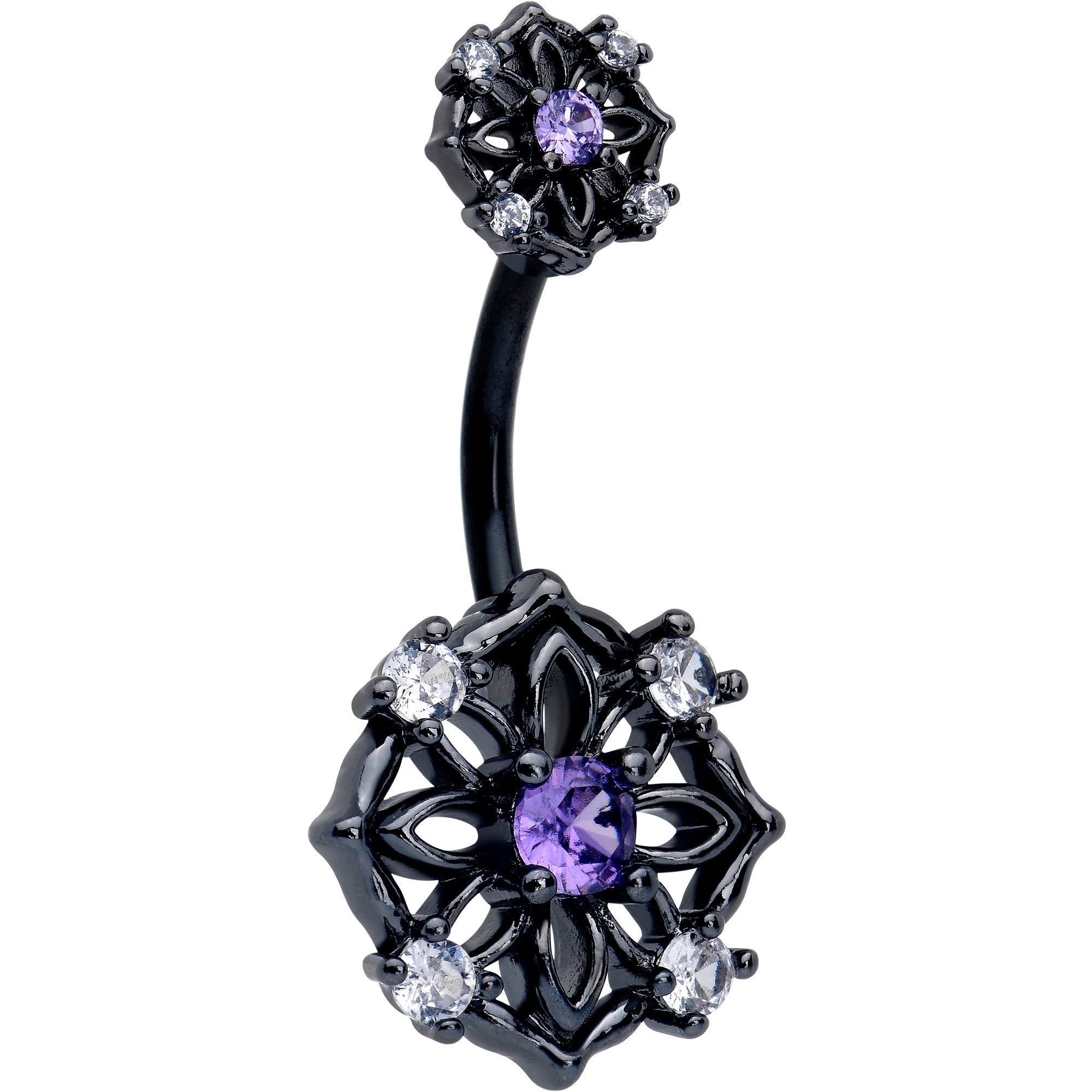 BodyCandy Purple CZ Gem Black Flower Ring Double Mount Belly Ring — main product shot