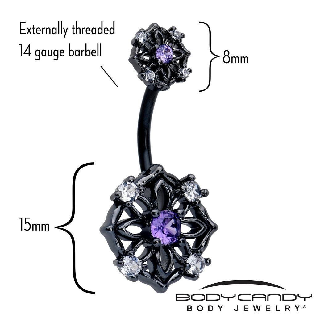 BodyCandy Purple CZ Gem Black Flower Ring Double Mount Belly Ring — detail close-up