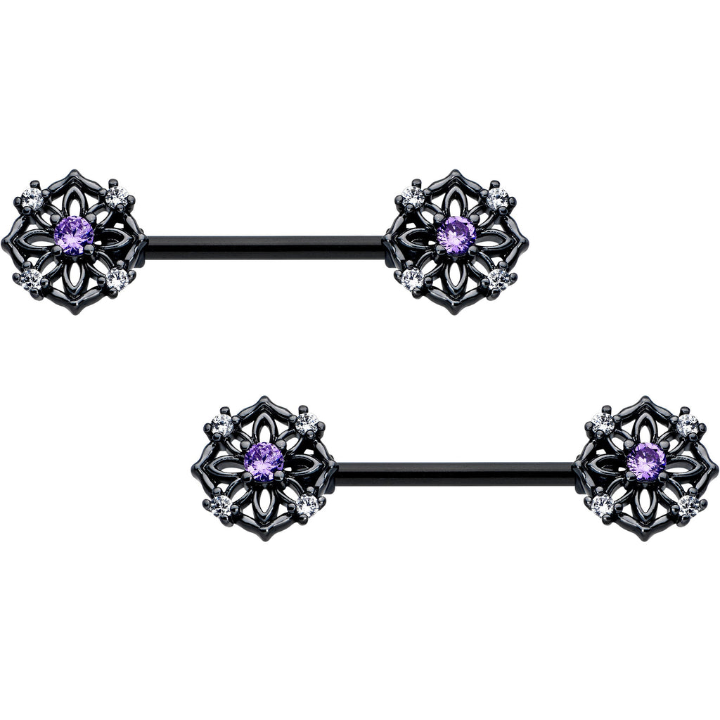 BodyCandy 14G 9/16 Purple CZ Gem Black Flower Ring Barbell Nipple Ring Set — main product shot