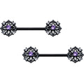 BodyCandy 14G 9/16 Purple CZ Gem Black Flower Ring Barbell Nipple Ring Set — main product shot