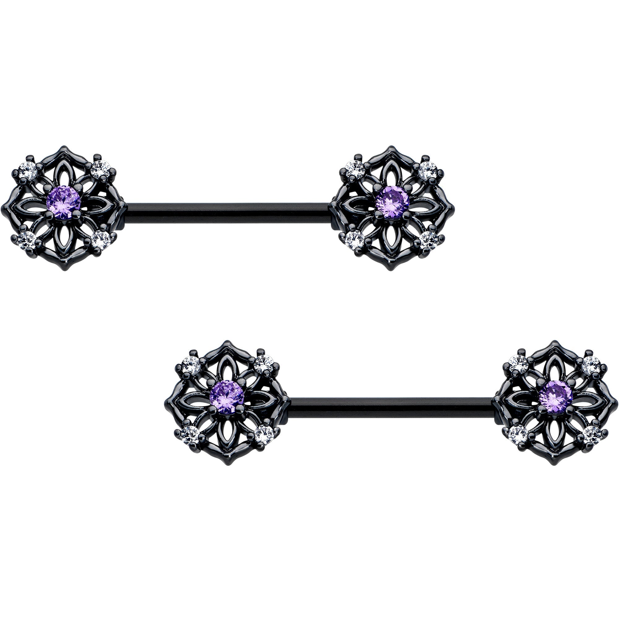 BodyCandy 14G 9/16 Purple CZ Gem Black Flower Ring Barbell Nipple Ring Set — main product shot