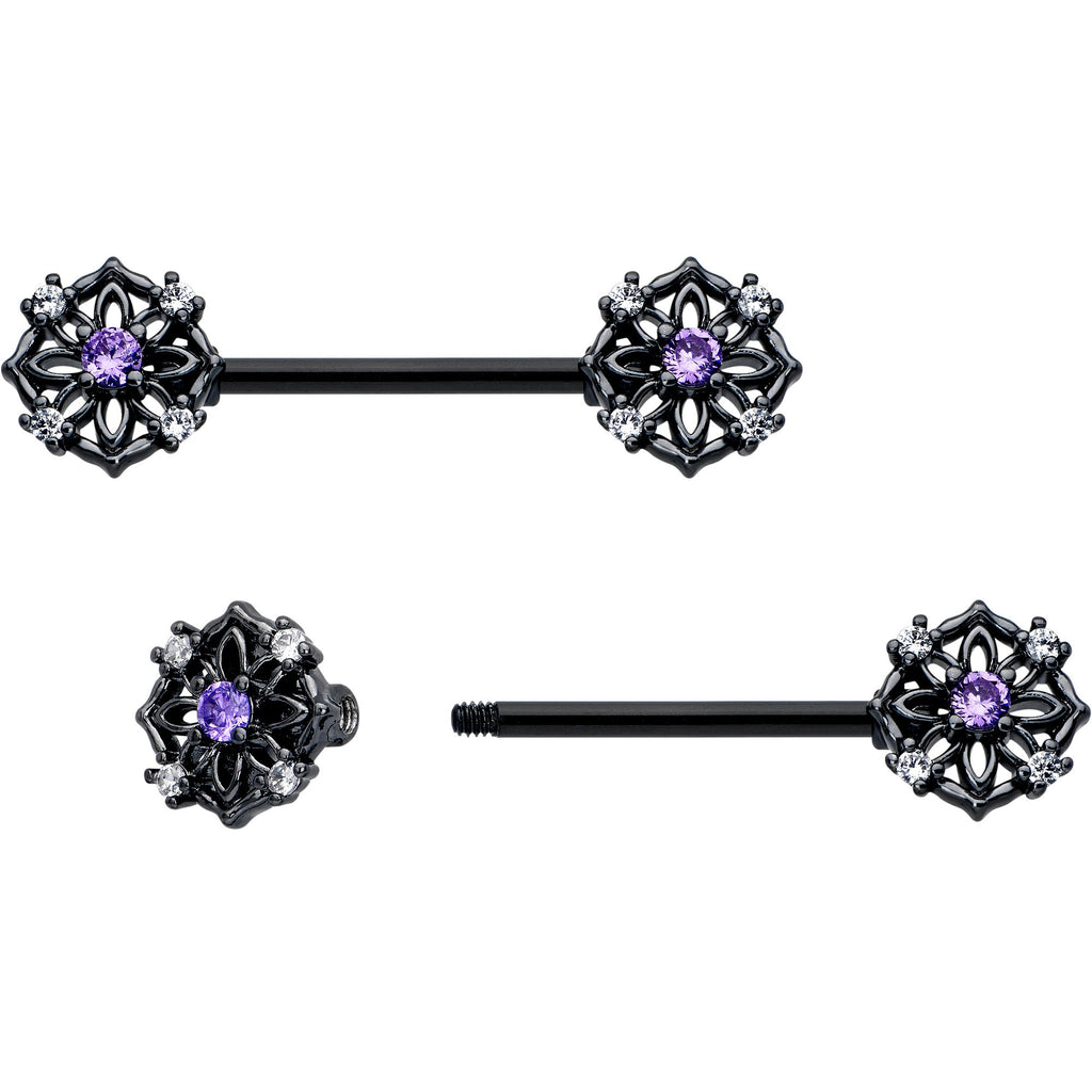 BodyCandy 14G 9/16 Purple CZ Gem Black Flower Ring Barbell Nipple Ring Set — detail close-up