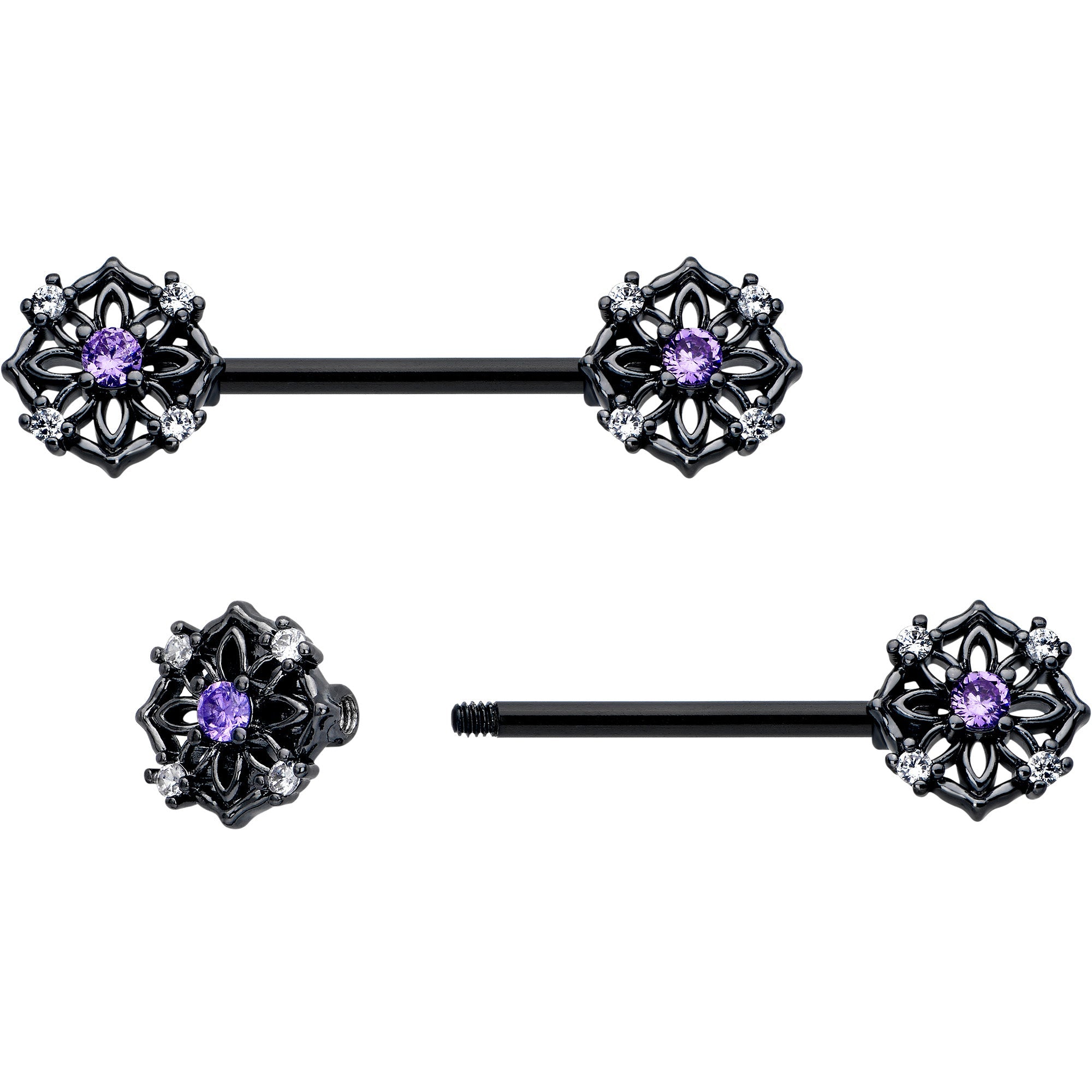 BodyCandy 14G 9/16 Purple CZ Gem Black Flower Ring Barbell Nipple Ring Set — detail close-up