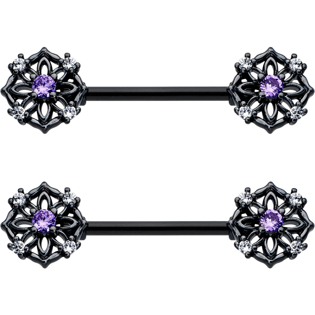BodyCandy 14G 9/16 Purple CZ Gem Black Flower Ring Barbell Nipple Ring Set — lifestyle context