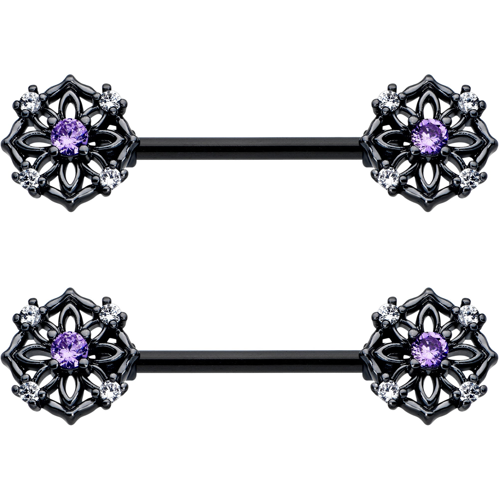 BodyCandy 14G 9/16 Purple CZ Gem Black Flower Ring Barbell Nipple Ring Set — lifestyle context