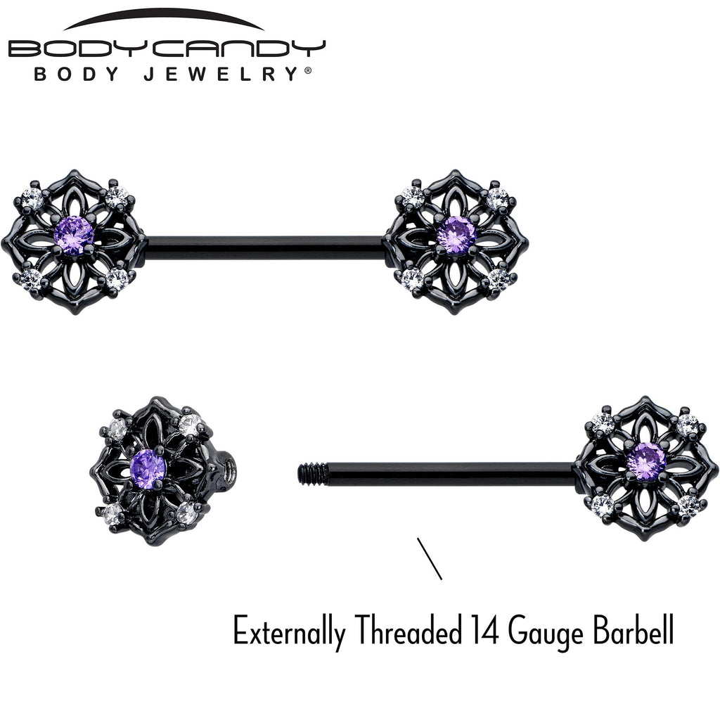 BodyCandy 14G 9/16 Purple CZ Gem Black Flower Ring Barbell Nipple Ring Set — side view