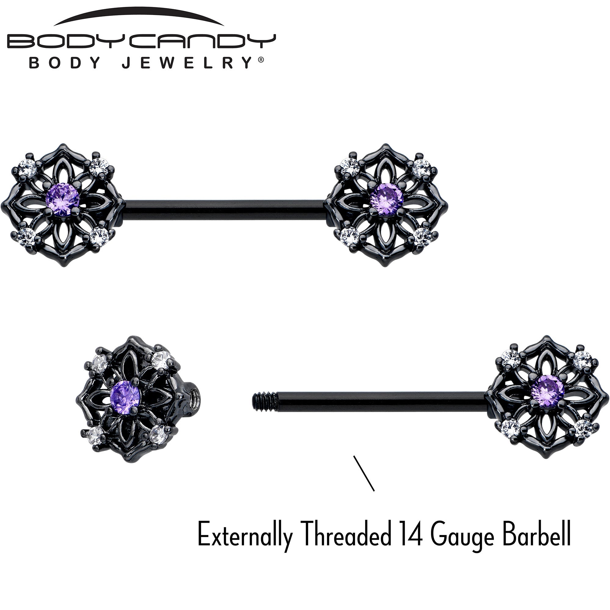 BodyCandy 14G 9/16 Purple CZ Gem Black Flower Ring Barbell Nipple Ring Set — side view