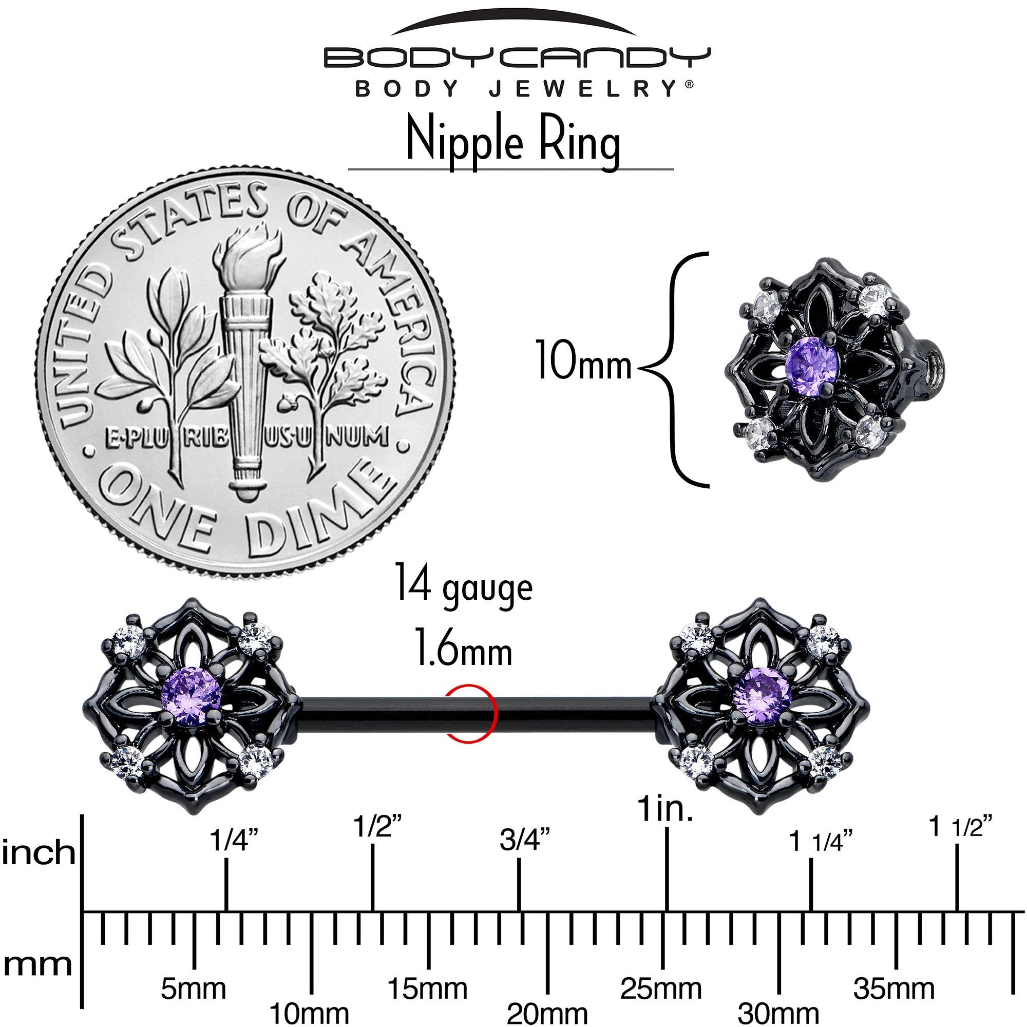 BodyCandy 14G 9/16 Purple CZ Gem Black Flower Ring Barbell Nipple Ring Set — back view