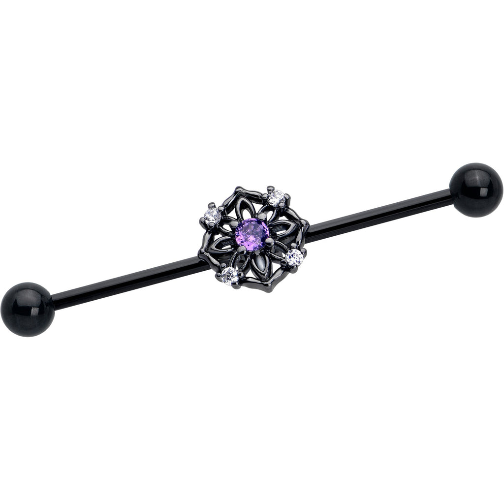 BodyCandy 14G Purple CZ Gem Black Flower Ring Industrial Barbell 38mm — main product shot