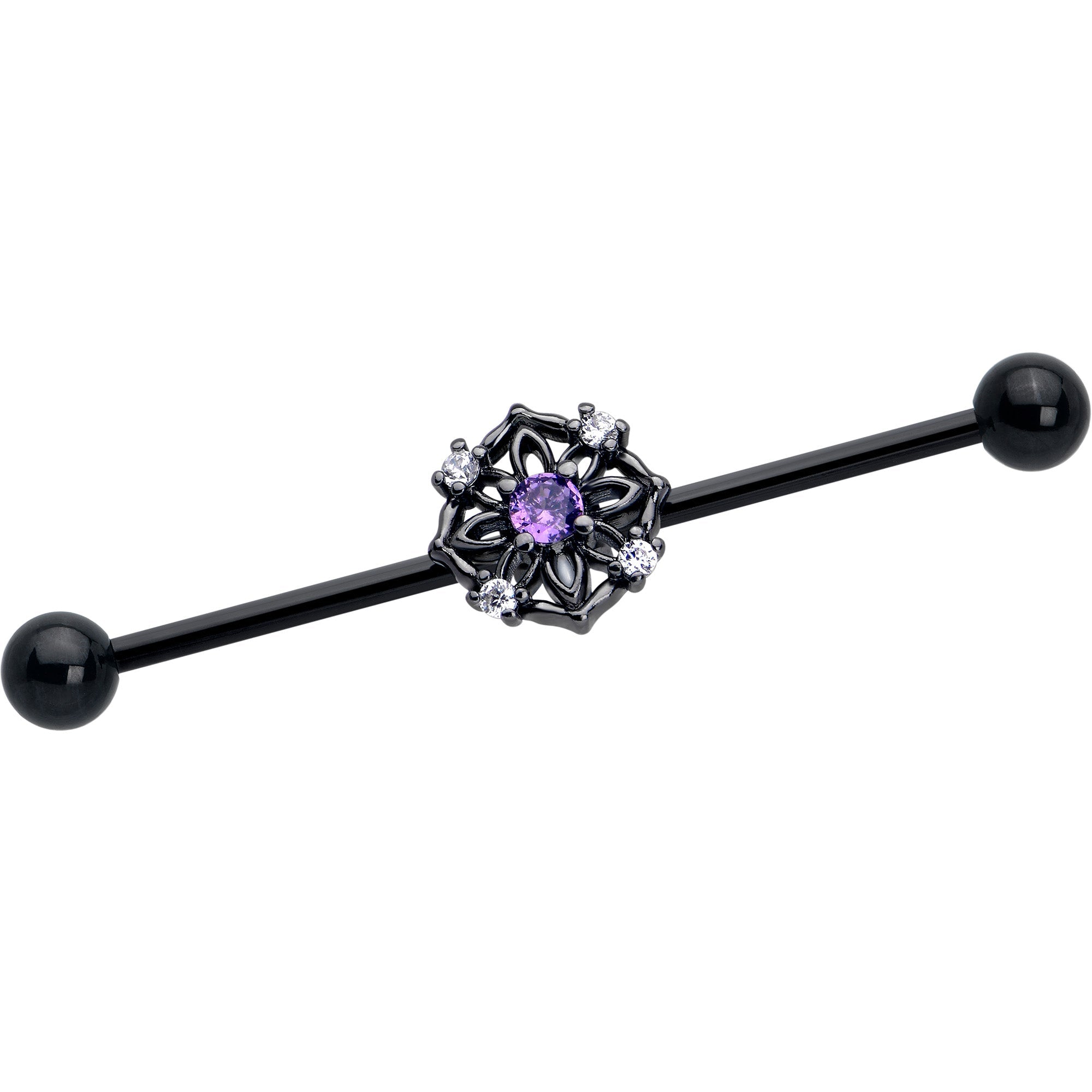 BodyCandy 14G Purple CZ Gem Black Flower Ring Industrial Barbell 38mm — main product shot