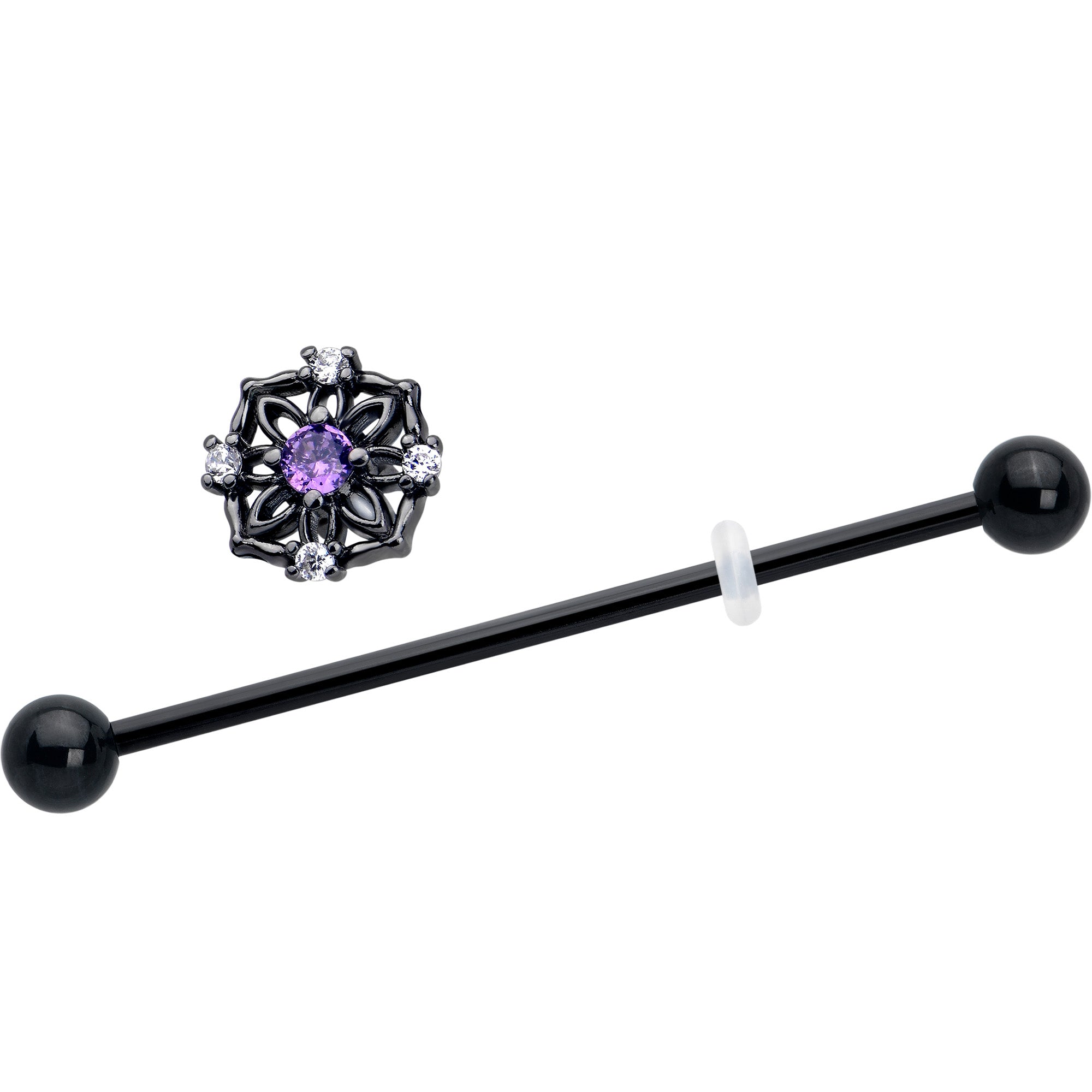 BodyCandy 14G Purple CZ Gem Black Flower Ring Industrial Barbell 38mm — detail close-up