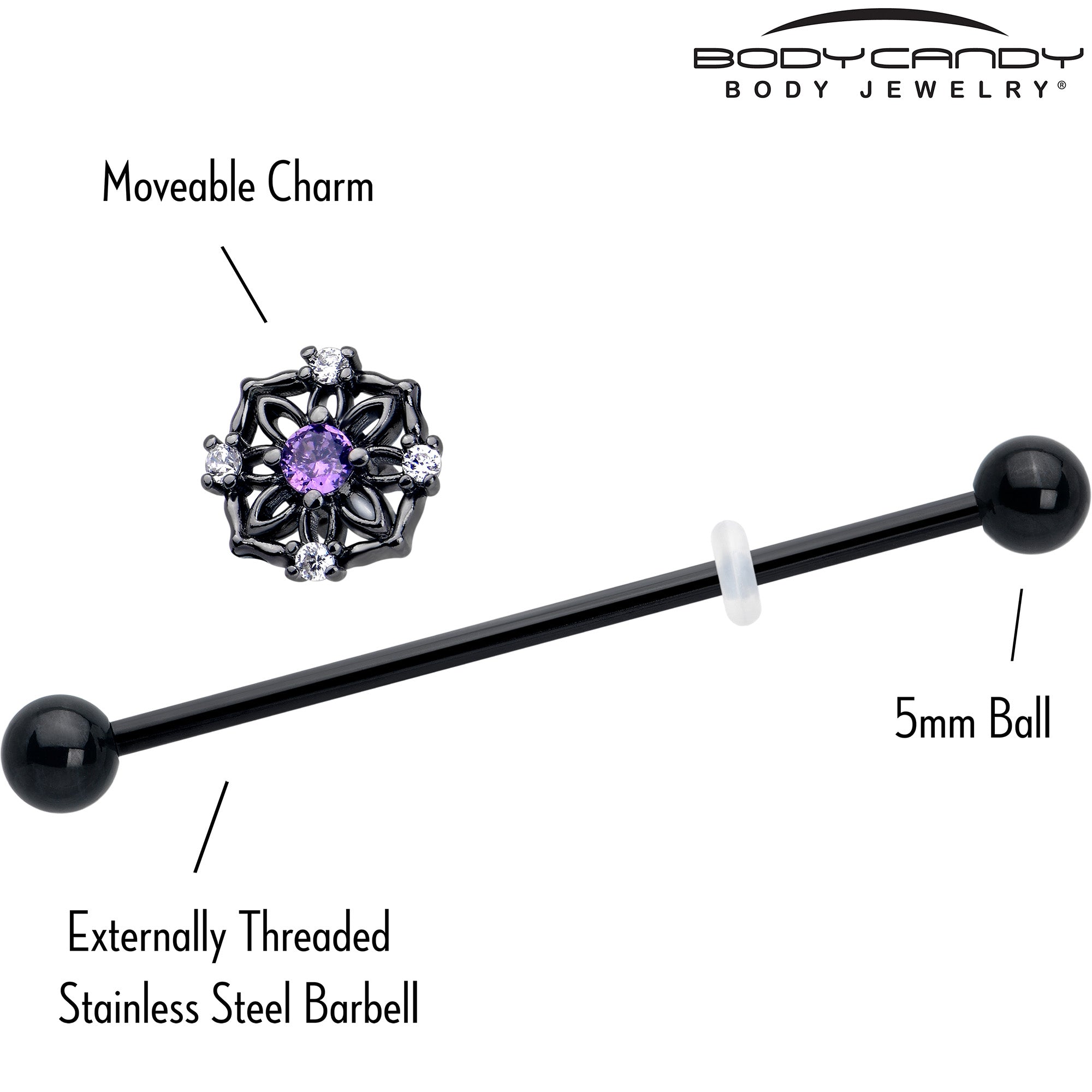 BodyCandy 14G Purple CZ Gem Black Flower Ring Industrial Barbell 38mm — side view