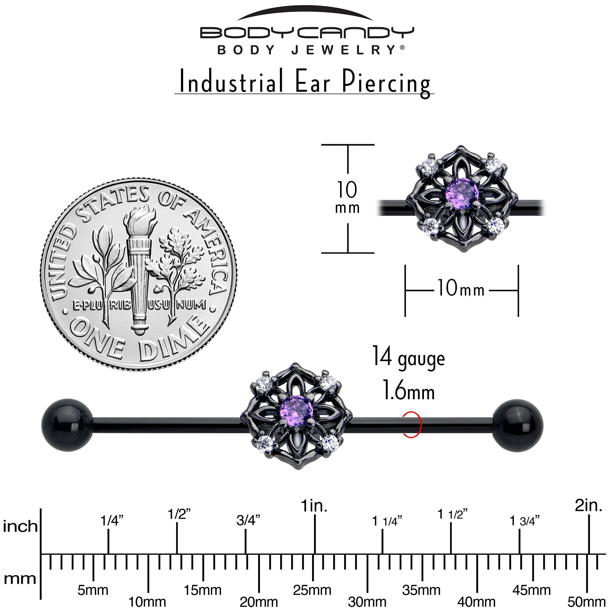 BodyCandy 14G Purple CZ Gem Black Flower Ring Industrial Barbell 38mm — back view