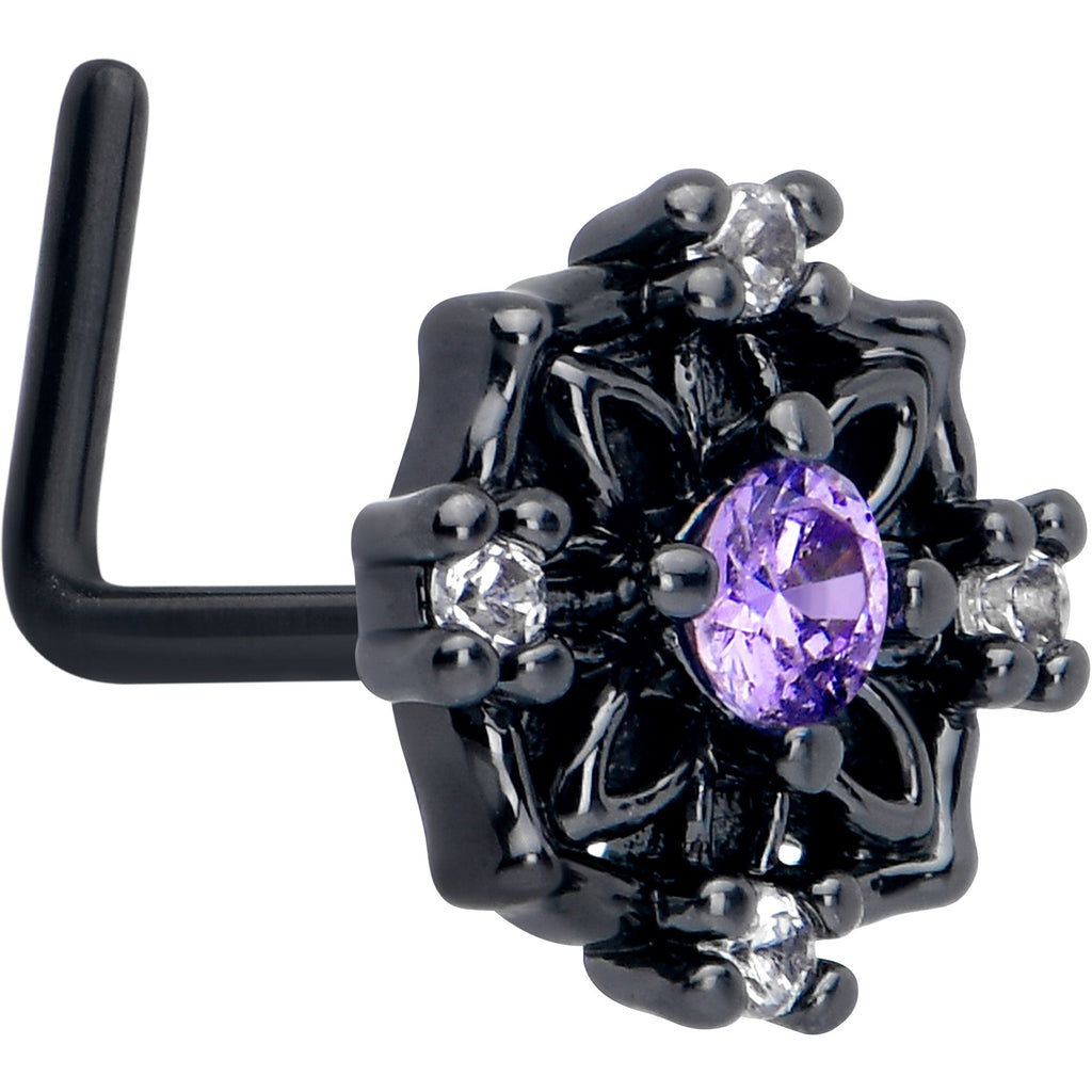 BodyCandy 20G 7mm Purple CZ Gem Black Flower Ring L Shape Nose Ring — main product shot