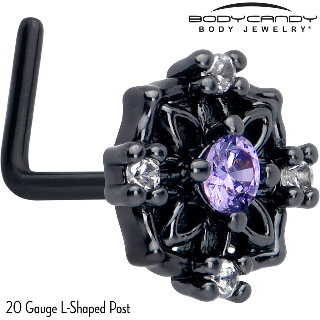 BodyCandy 20G 7mm Purple CZ Gem Black Flower Ring L Shape Nose Ring — detail close-up