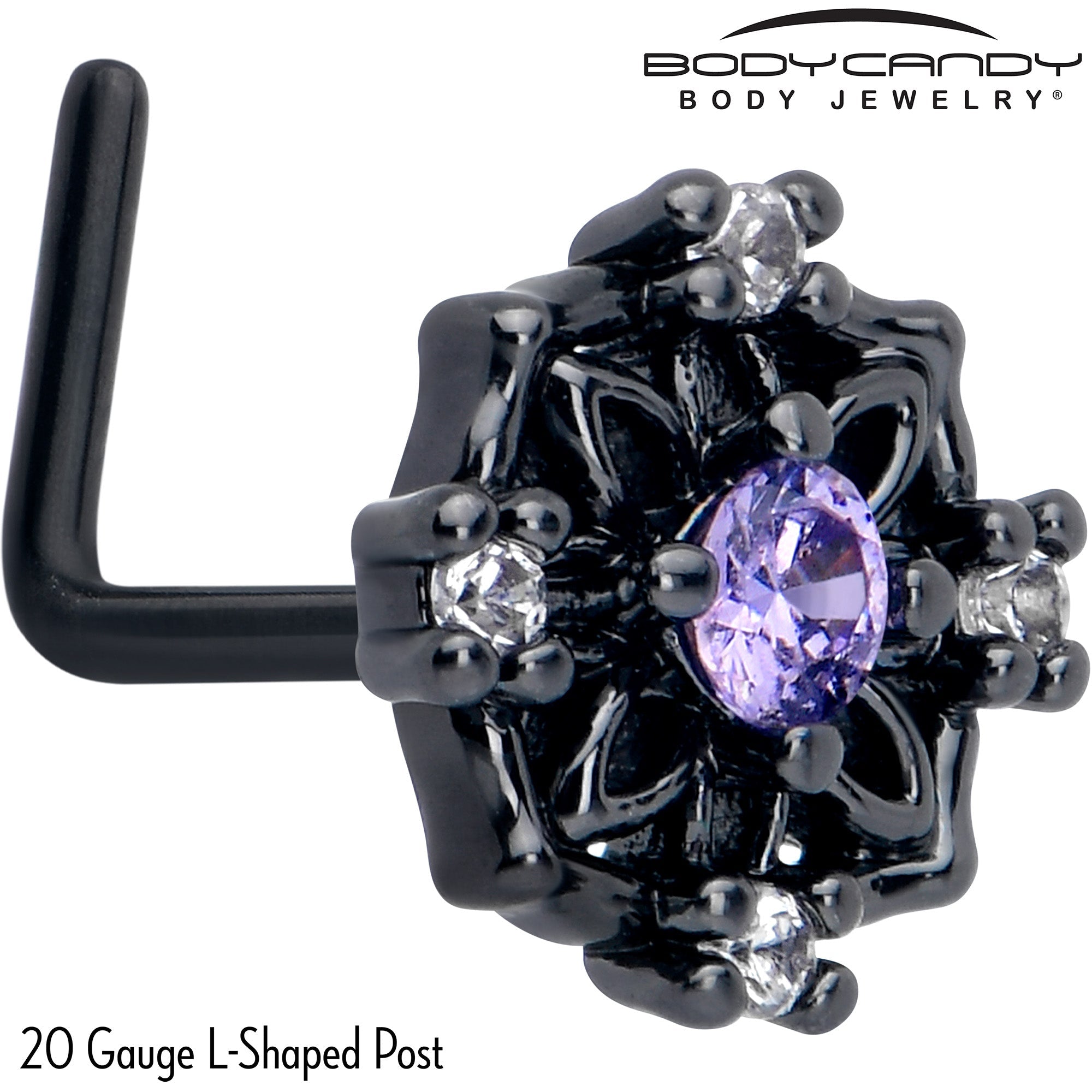 BodyCandy 20G 7mm Purple CZ Gem Black Flower Ring L Shape Nose Ring — detail close-up