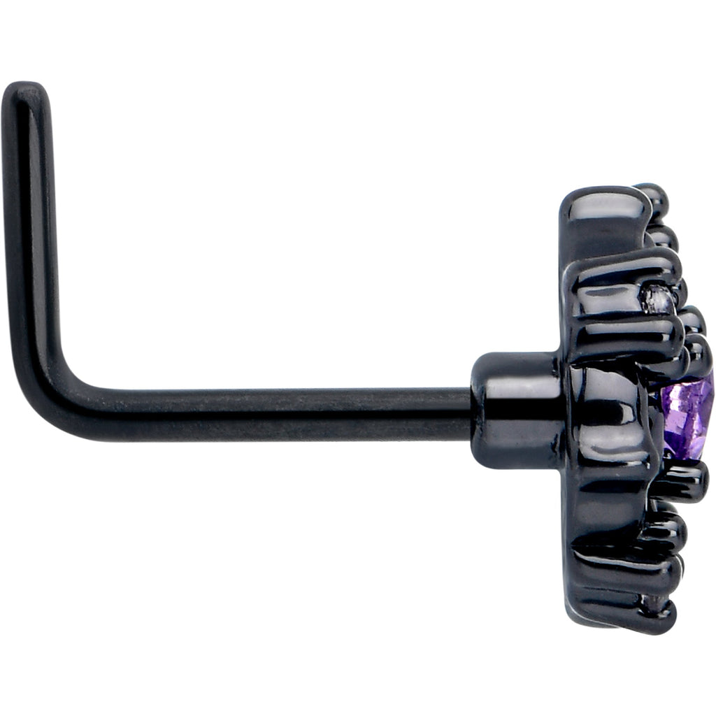 BodyCandy 20G 7mm Purple CZ Gem Black Flower Ring L Shape Nose Ring — side view