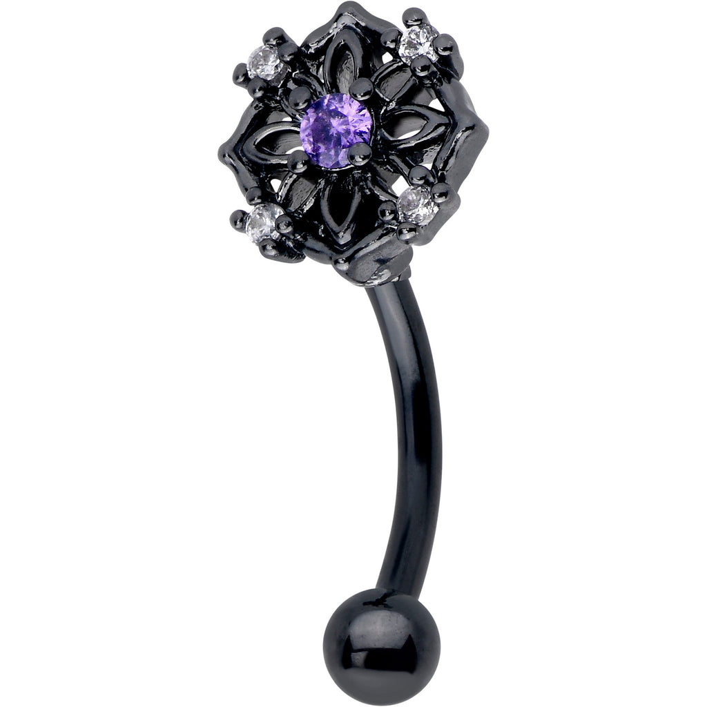BodyCandy 16G 5/16 Purple CZ Gem Black Flower Ring Curved Eyebrow Ring — main product shot