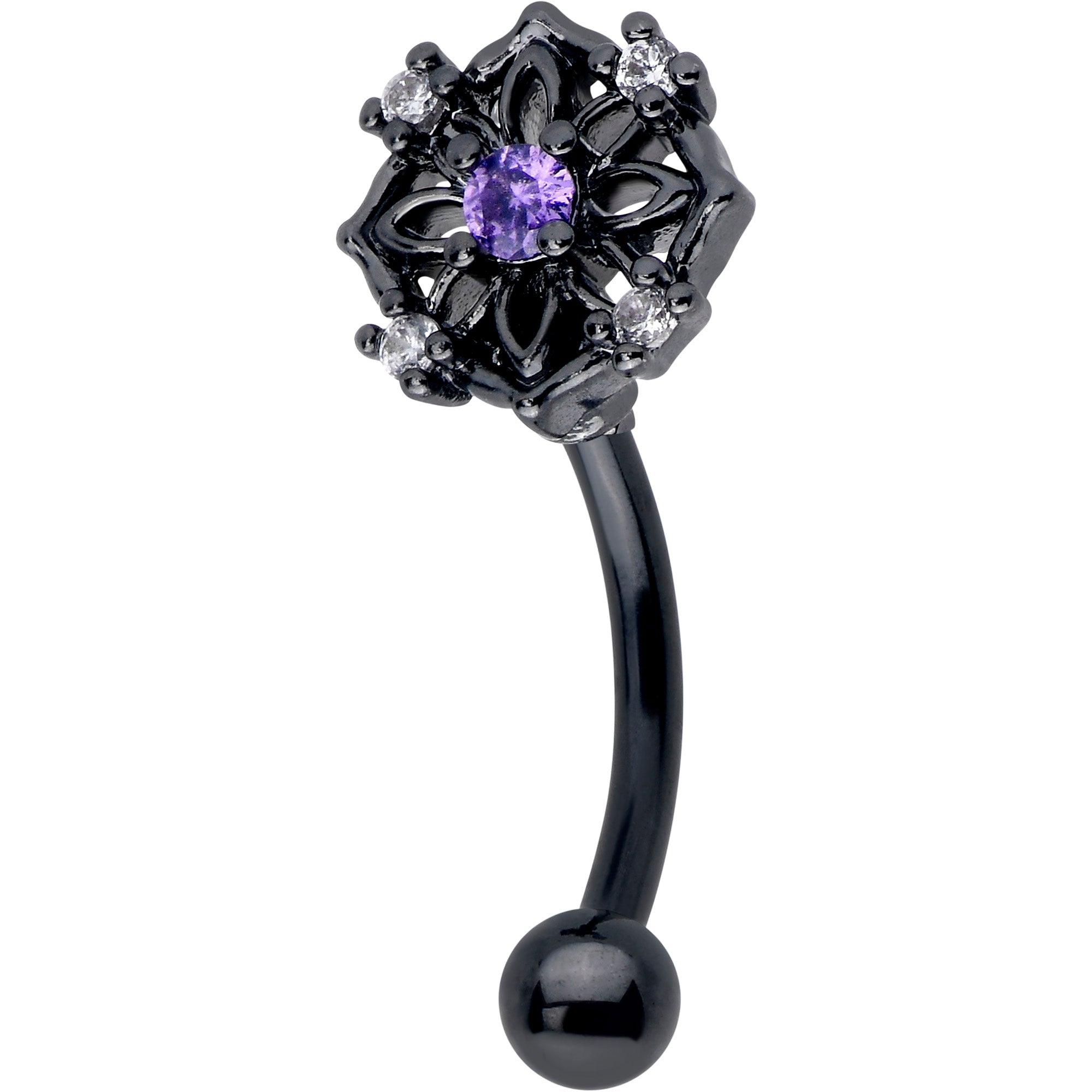 BodyCandy 16G 5/16 Purple CZ Gem Black Flower Ring Curved Eyebrow Ring — main product shot