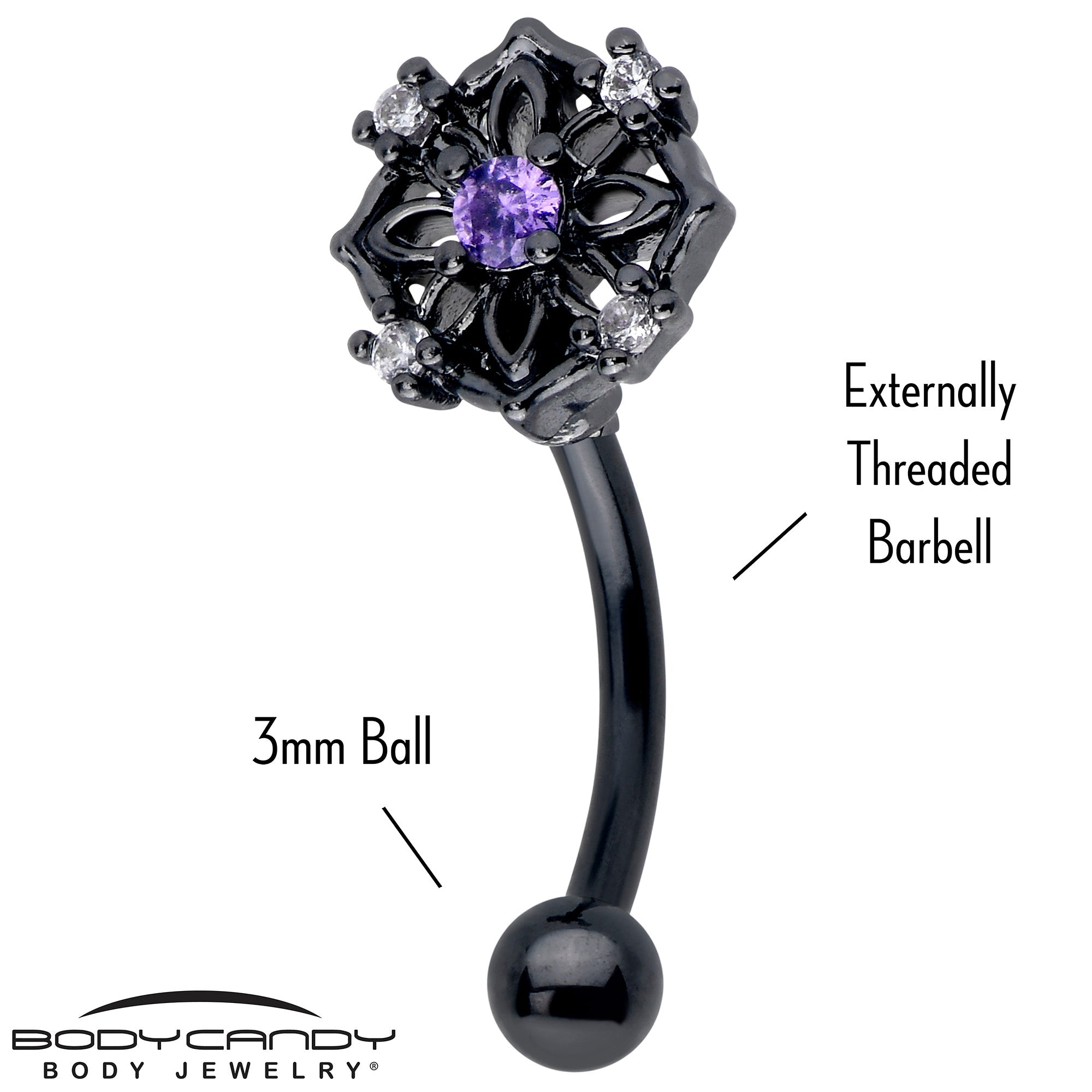 BodyCandy 16G 5/16 Purple CZ Gem Black Flower Ring Curved Eyebrow Ring — detail close-up