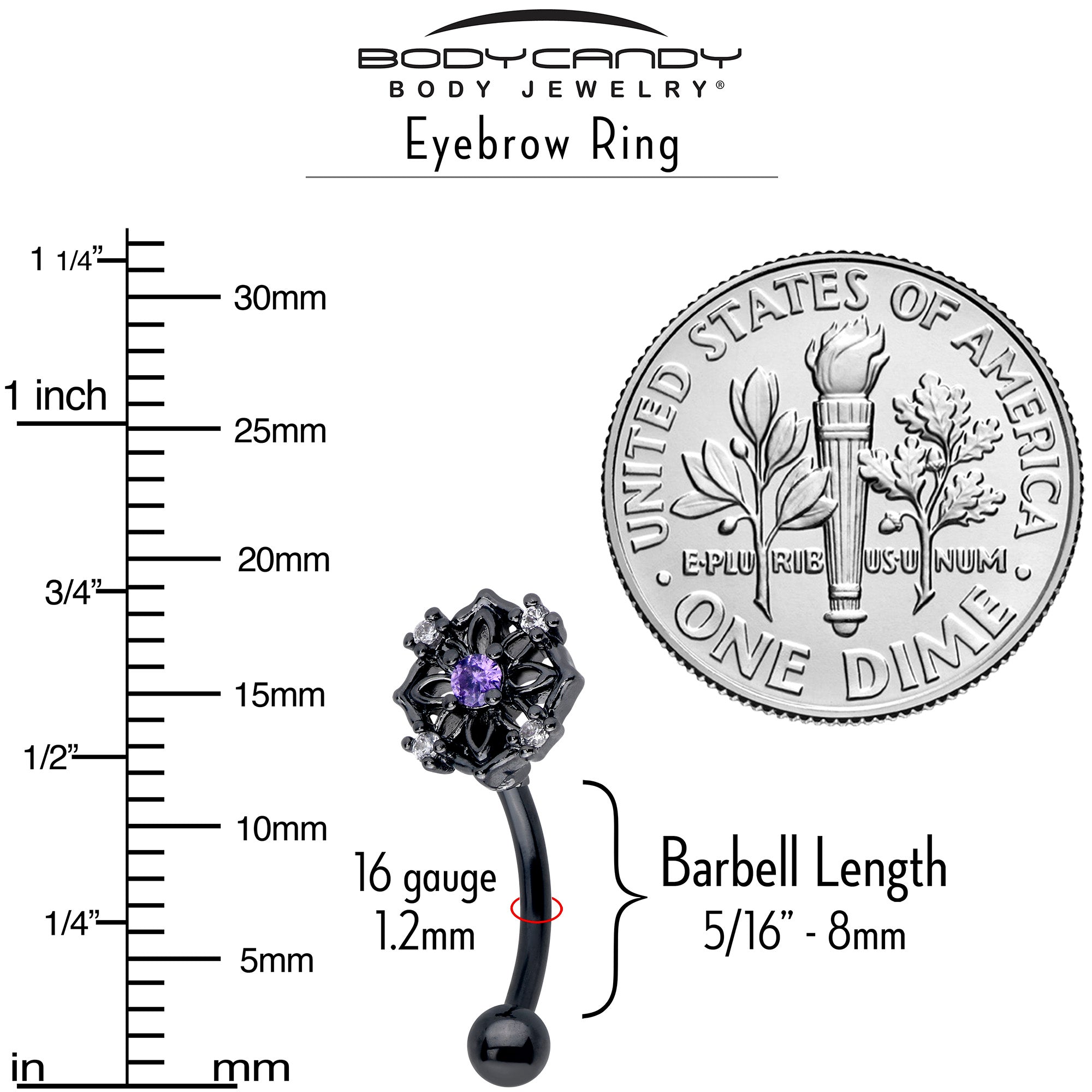 BodyCandy 16G 5/16 Purple CZ Gem Black Flower Ring Curved Eyebrow Ring — side view